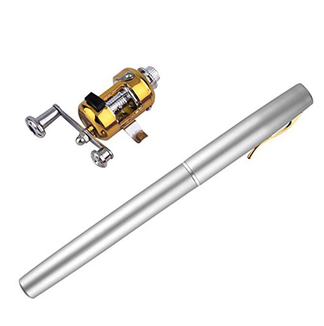 Pocket size High PEN FISHING ROD! Full set with Pole Reel Line and Hooks. Mini Portable Pocket-size Pen-Shape Alloy material,Silver