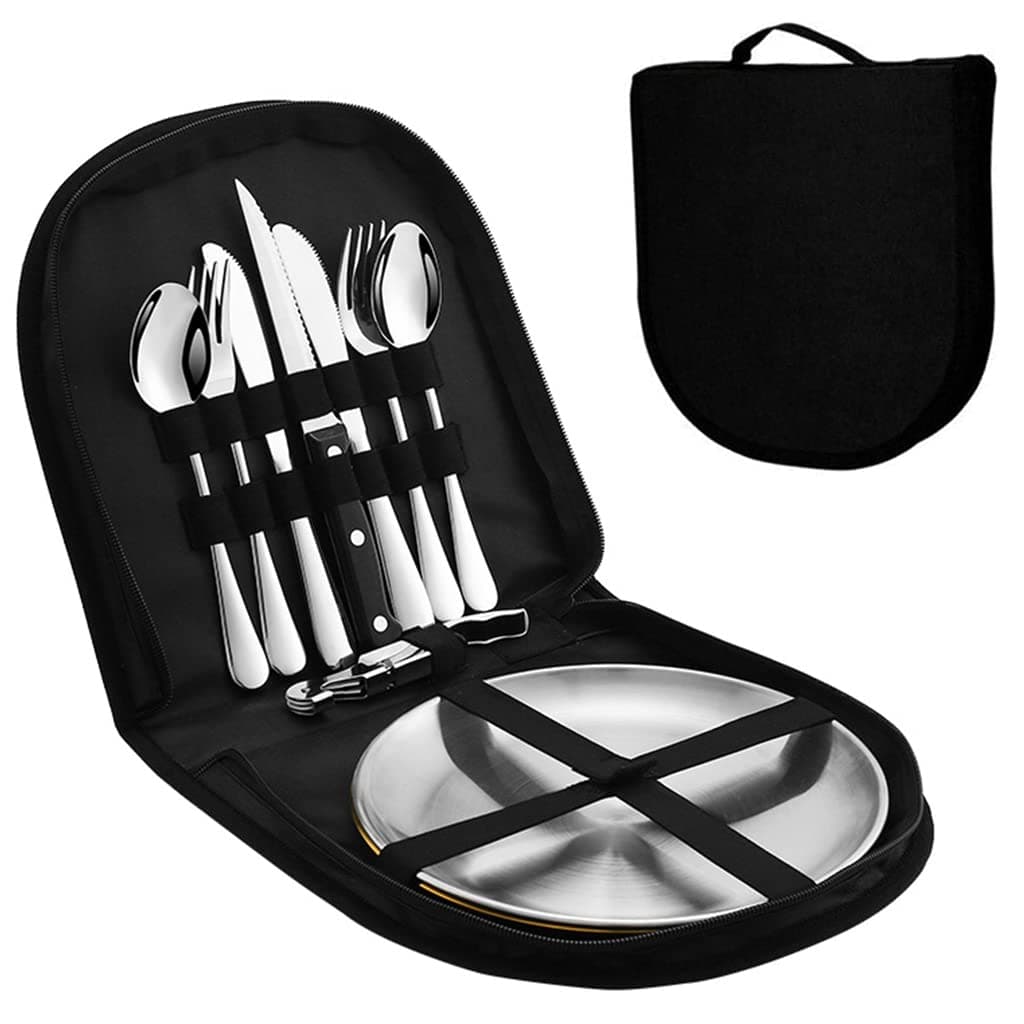 PROBEROS 10Pcs Cutlery Set for 2 Person with Portable Bag, Portable Outdoor Cutlery Set for Picnic, Multi-Tool Camping Folding Pocket Knife, Fork Spoon Set for Hiking, Cutlery Set for Travel