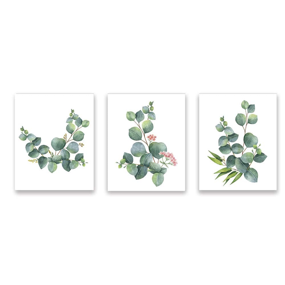 Botanical Home Art Print Flowers Wall Print Eucalyptus Leaves Art Painting Green Plant Modern Home Picture Set of 3 Unframed 8x10 Inch