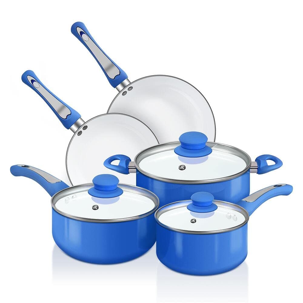FGY 8 Pieces Non-stick Pots Pans Ceramic Coating Cookware Set with Induction Bottom, Multi Cooking Way of Pan and Pot Set- Dishwasher safe (8-Piece, Blue)