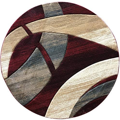 NikosSculpture Modern Round Contemporary Abstract Area Rug Red Burgundy Blue Beige Design 248 (4 Feet X 4 Feet)