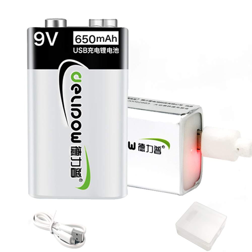 Deleepow 9V Lithium ion USB Rechargeable Battery, High Capacity 650mAh USB Rechargeable 9V Battery, 1.5 H Fast Charge, 800 Cycle with Micro USB Cable, 2-Pack