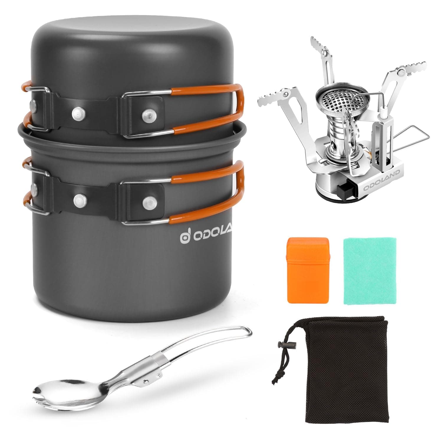 6pcs Camping Cookware Mess Kit with Lightweight Pot, Stove, Spork and Carry Mesh Bag, Great for Backpacking Outdoor Camping Hiking and Picnic