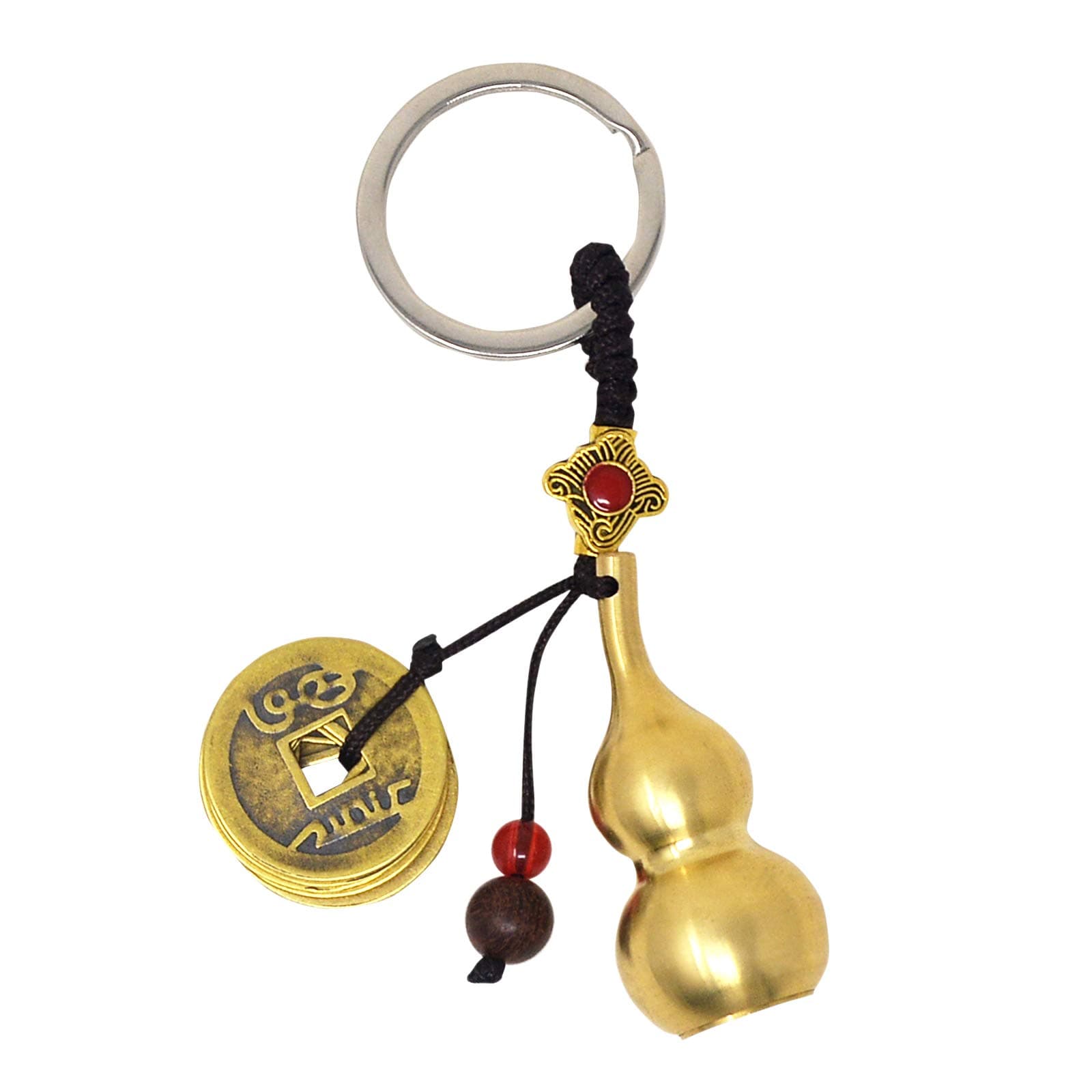 Feng Shui Five Emperors Money Copper Gourd Key Chain pendant with Brass Coins and Wu Lou Gourd Calabash with Blessing Paper W4349