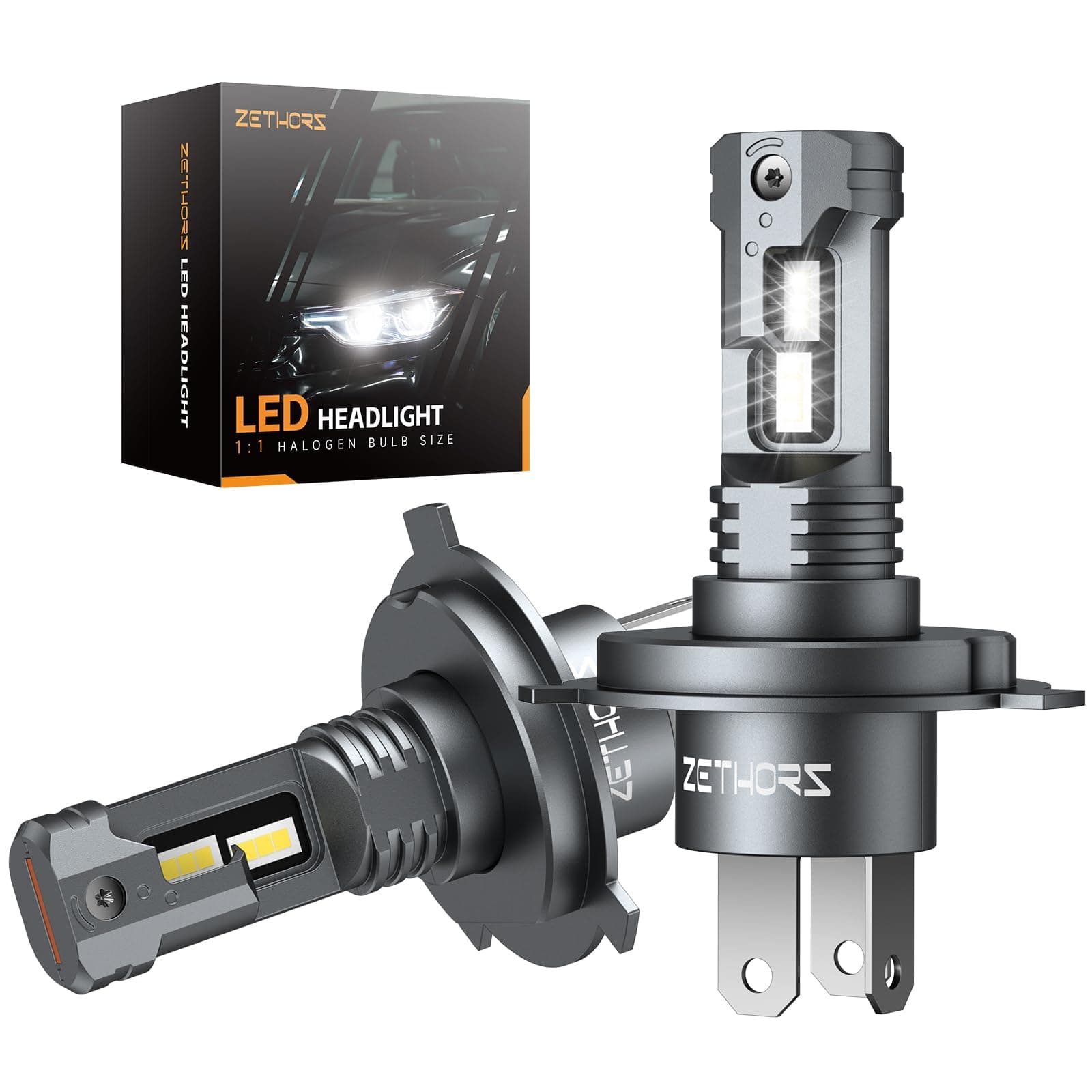 Zethors H4 LED Headlight Bulbs 400% Brighter Wireless headlight bulbs, 16000LM Mini H4 headlight bulbs Fanless car bulb kit High Low Beam, H4 LED Halogen Replacement,Non-polarity Plug and Play