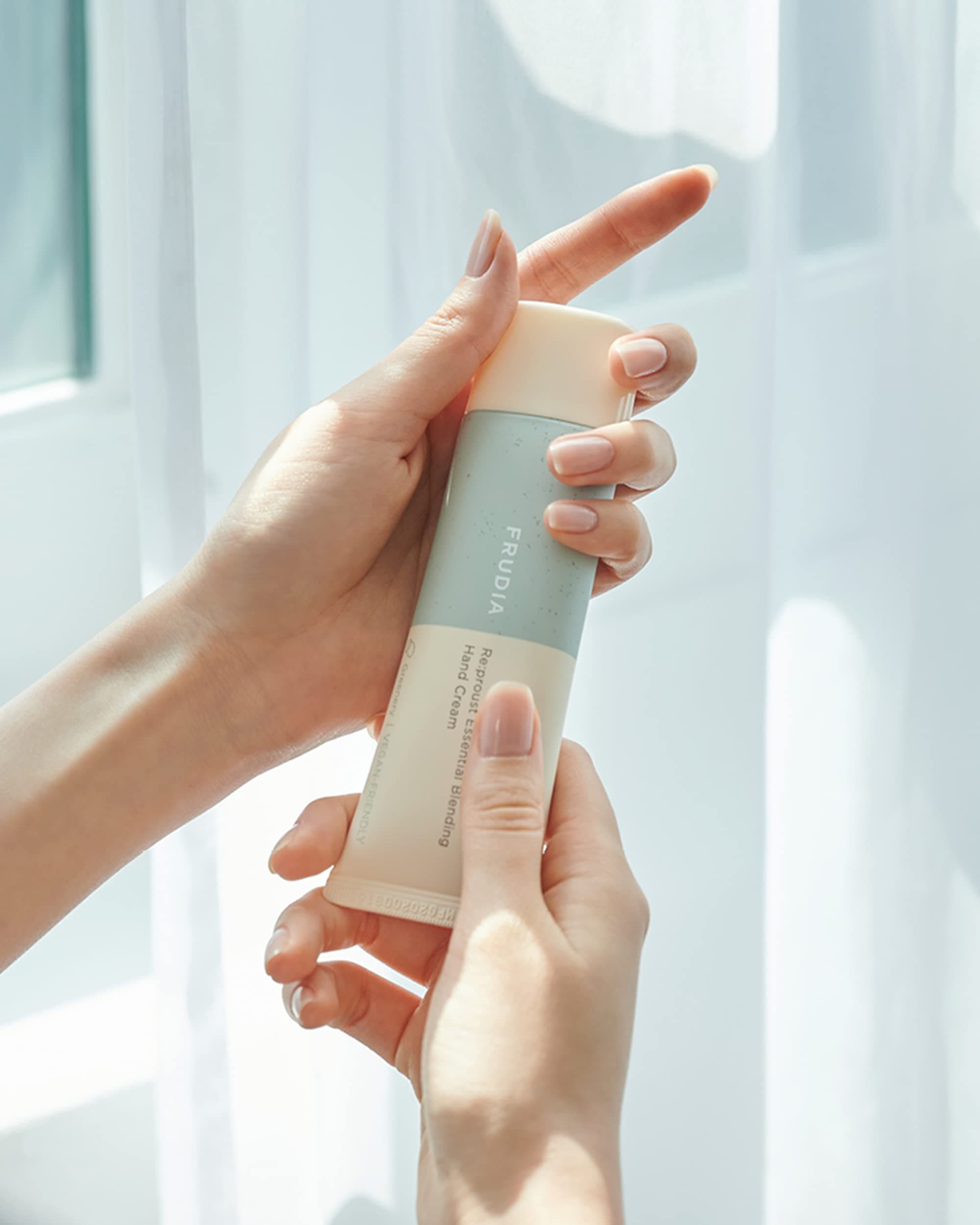 FRUDIA. Re:proust Essential Blending Greenery Hand Cream. Nutritive and Exfoliating. 100% Essential Oil.