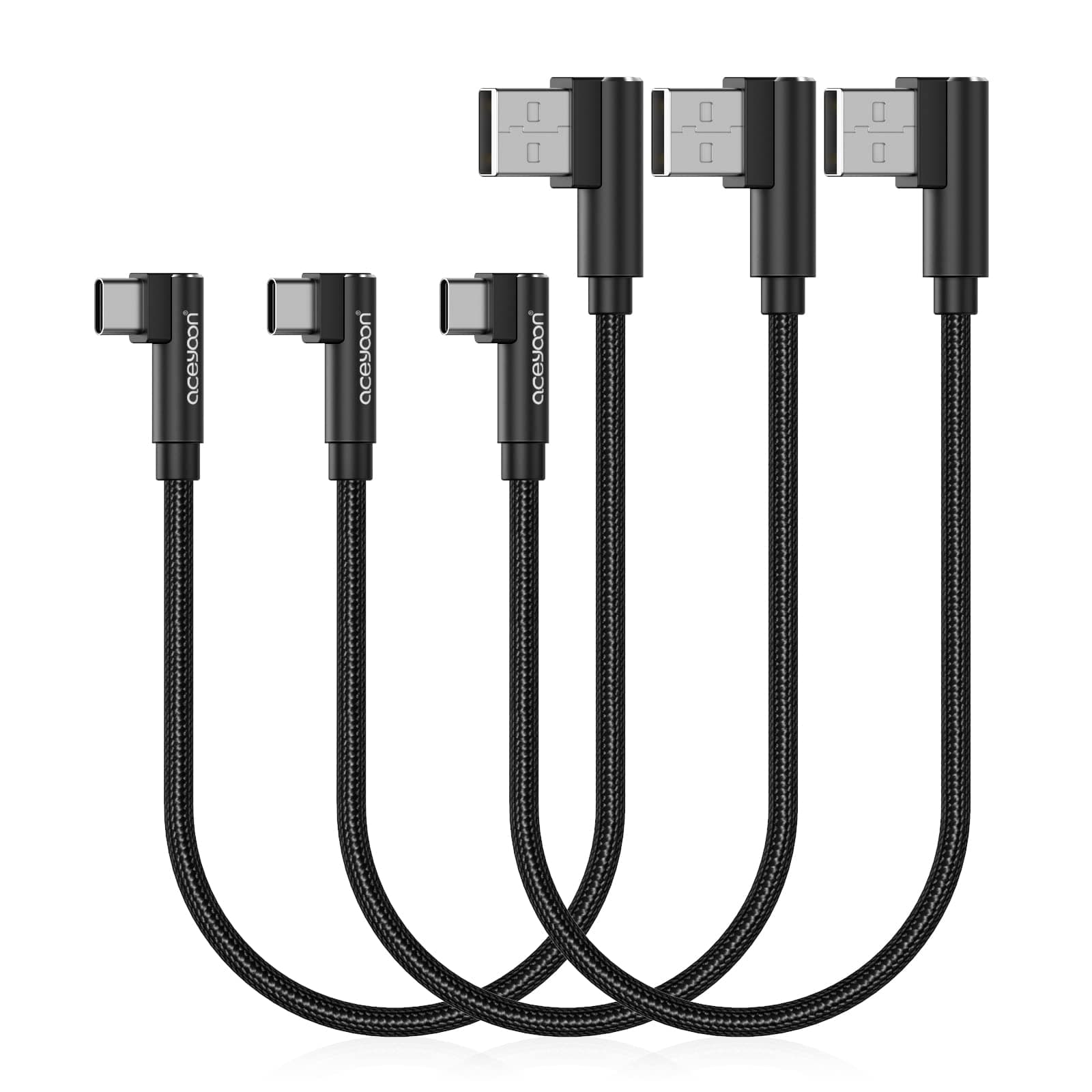 [3 Pack Right Angle USB Type C Charger Cable, 0.6ft Braided 90 Degree Elbow Charger Dual L Shape USBC Cable for iPhone 15 Pro Max Plus, Samsung Galaxy S9 S10, Pixel 2 3 3XL, P30 P20 Mate20