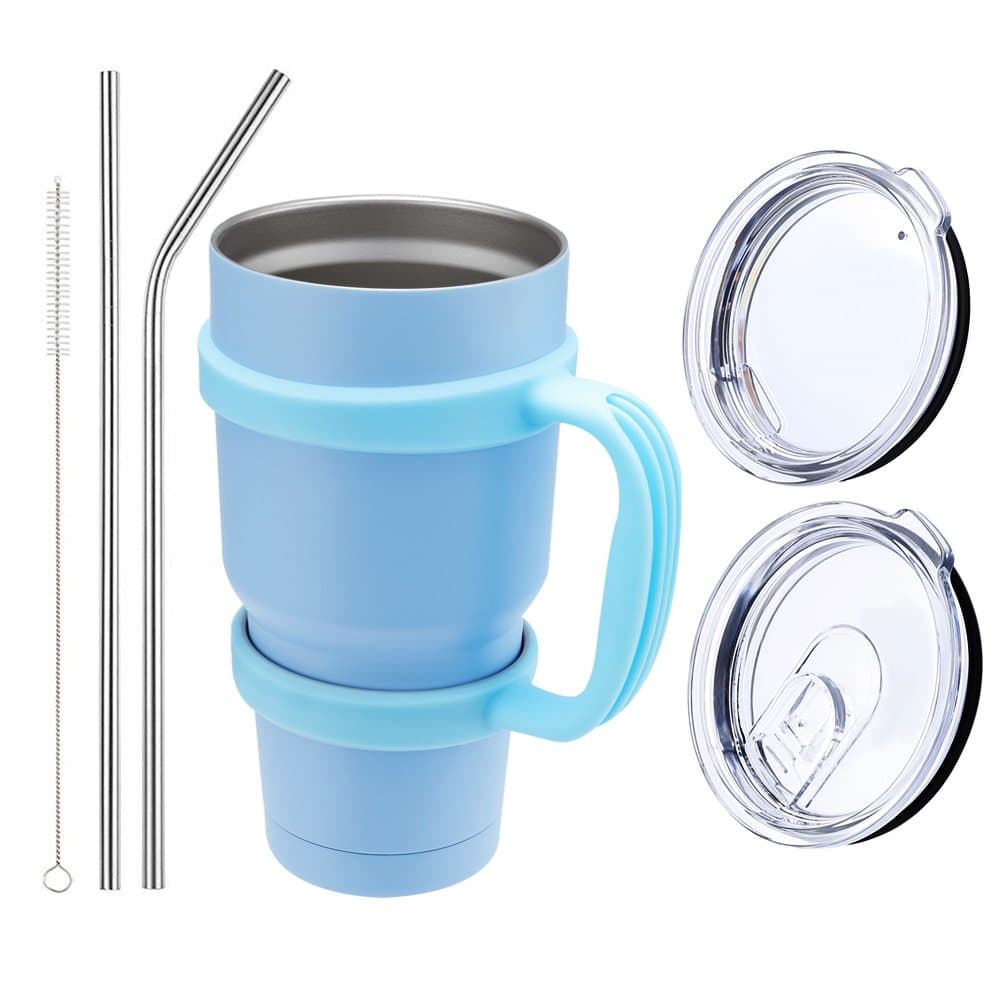 Comfy Mee Double wall Vacuum Insulated Stainless Steel Sky Blue Tumbler with Sky Blue Handle 30oz Combo: 1 Mug - 1 Regular Lid - 1 Spill & Splash Resistant Lid - 1 Handle-2 Straws - 1 Cleaner brush