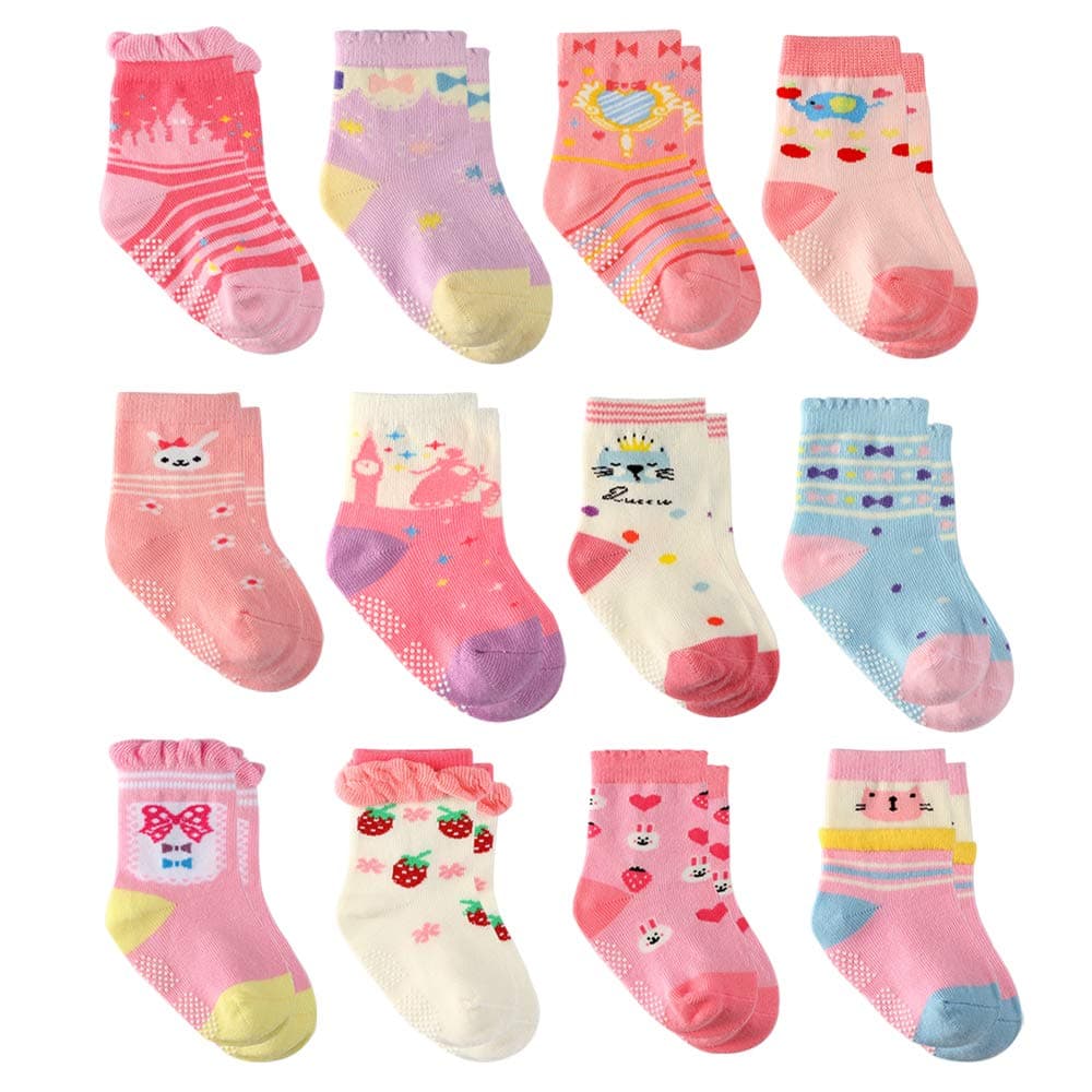 12 Pairs Infant Newborn Cotton Socks, Baby Girls Toddler Girl Non Skid Socks with Grips Little Girl Slipper Socks (12 Pairs Princess, 1-3 Years)
