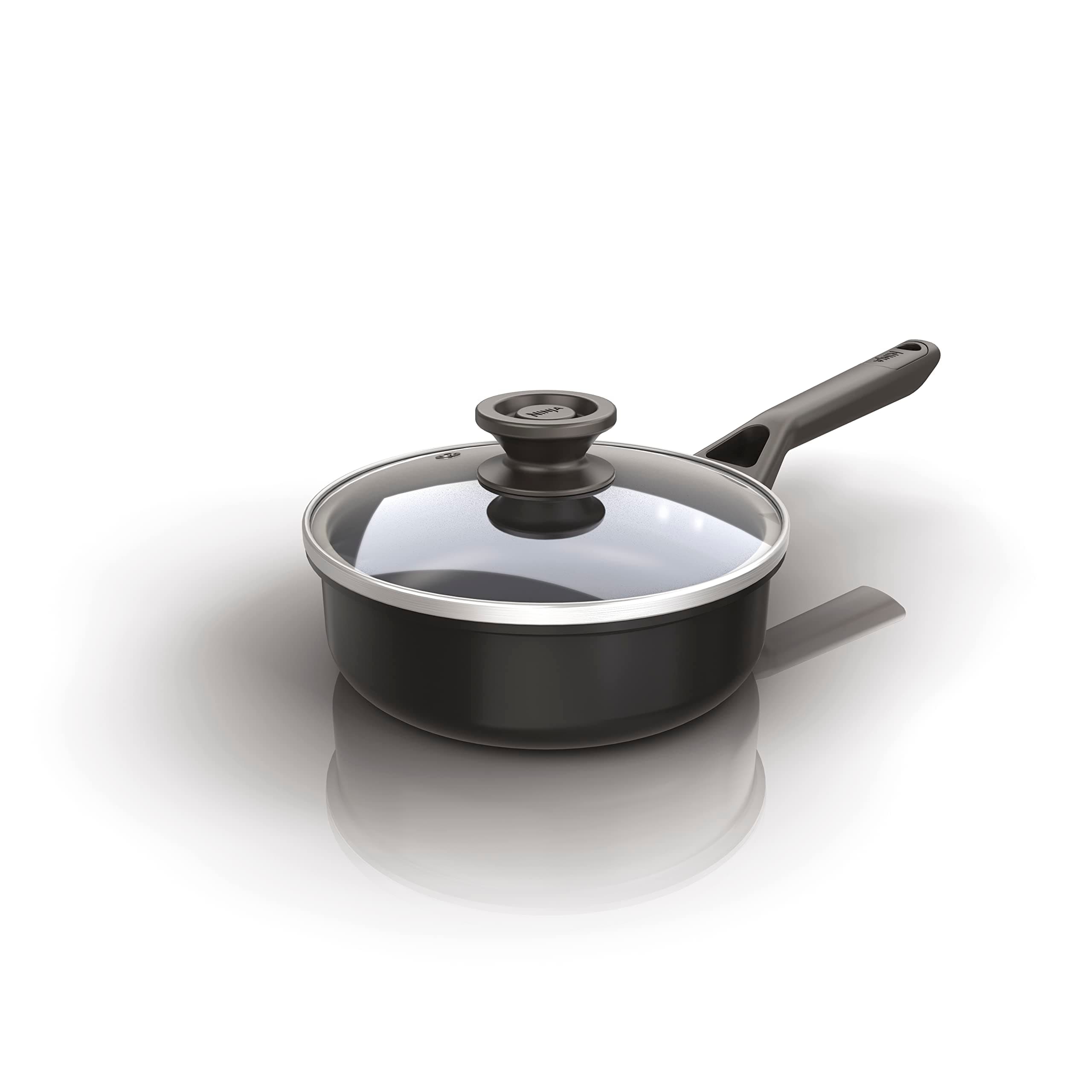 Ninja ZEROSTICK Classic Cookware 16cm Saucepan, Non-Stick, Long Lasting Aluminium Saucepan, Induction Compatible, Oven Safe to 180°C, Glass Lid, Black CW50216UK