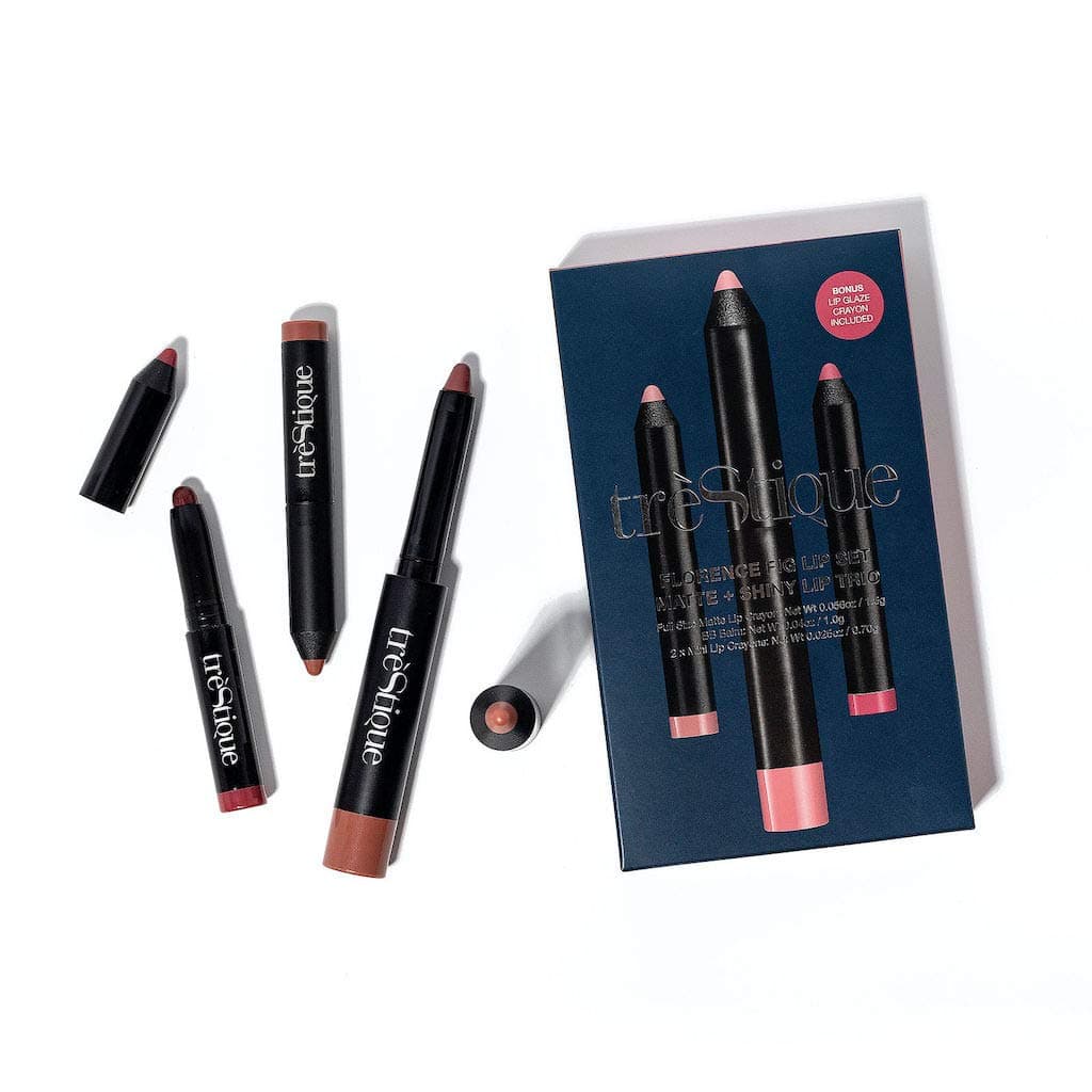 treStiQue Florence Fig Lip Set Trio, Matte & Shiny Lip Kit, Mini Lip Gloss Set With Matte Lipstick, Matte Lip Crayon and Lip Glaze Set, Full Size and Mini Lip Set of 3