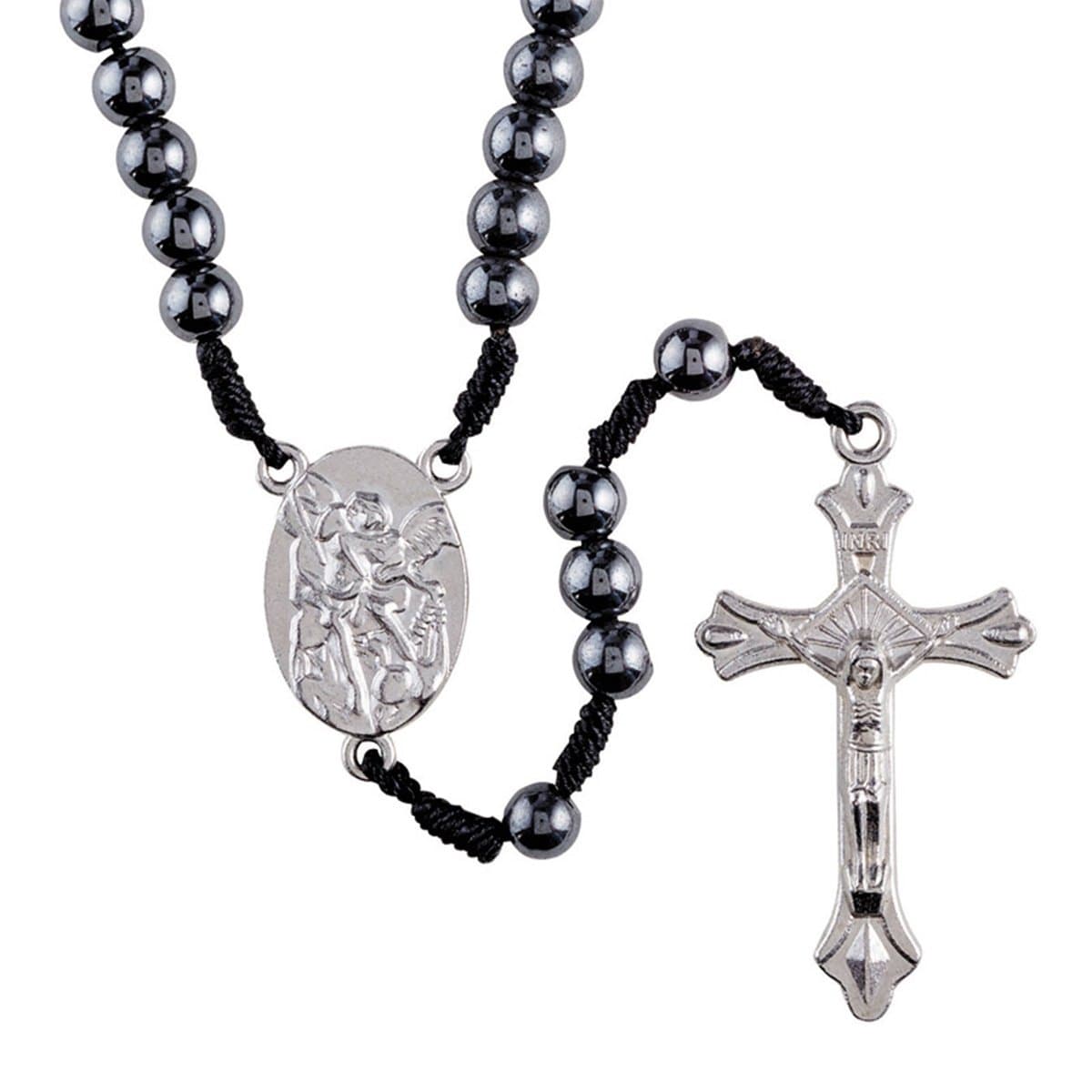 Patron Saint St Michael RosaryHematite Prayer Bead Rosary with Saint Michael The Archangel Centerpiece, 12 Inch
