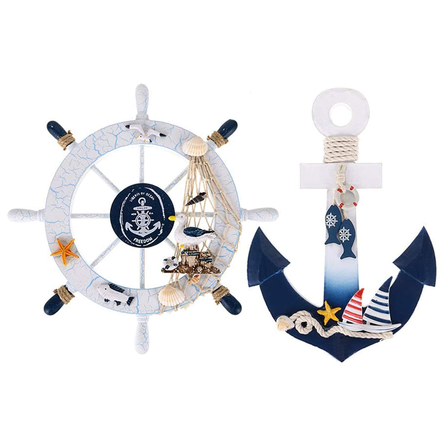Meching 2 Stück 27.9 cm nautisches Strand-Holzschiffrad und 27.9 cm Holzanker mit Seil, nautisches Boot, Lenkrad, Ruder, Anker, Wandkunst, Dekoration, Strand-Thema, Heimdekoration (weiß und blau)