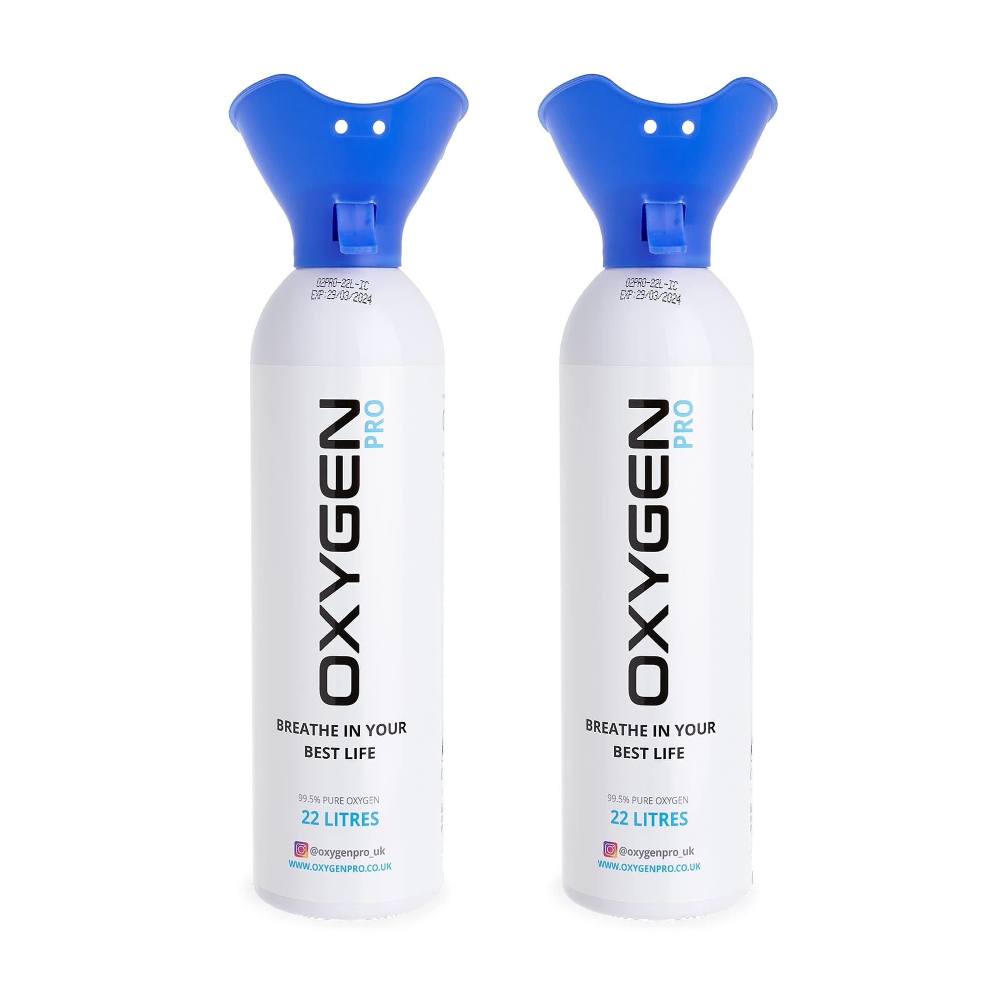 Oxygen Pro Canister with Inhaler Cup - 2 x 22 litres of 99.5% Pure Oxygen Cylinder - Patented Compact Compression Tech - Improves Concentration, Performance, Recovery – Sport, Study & Travel