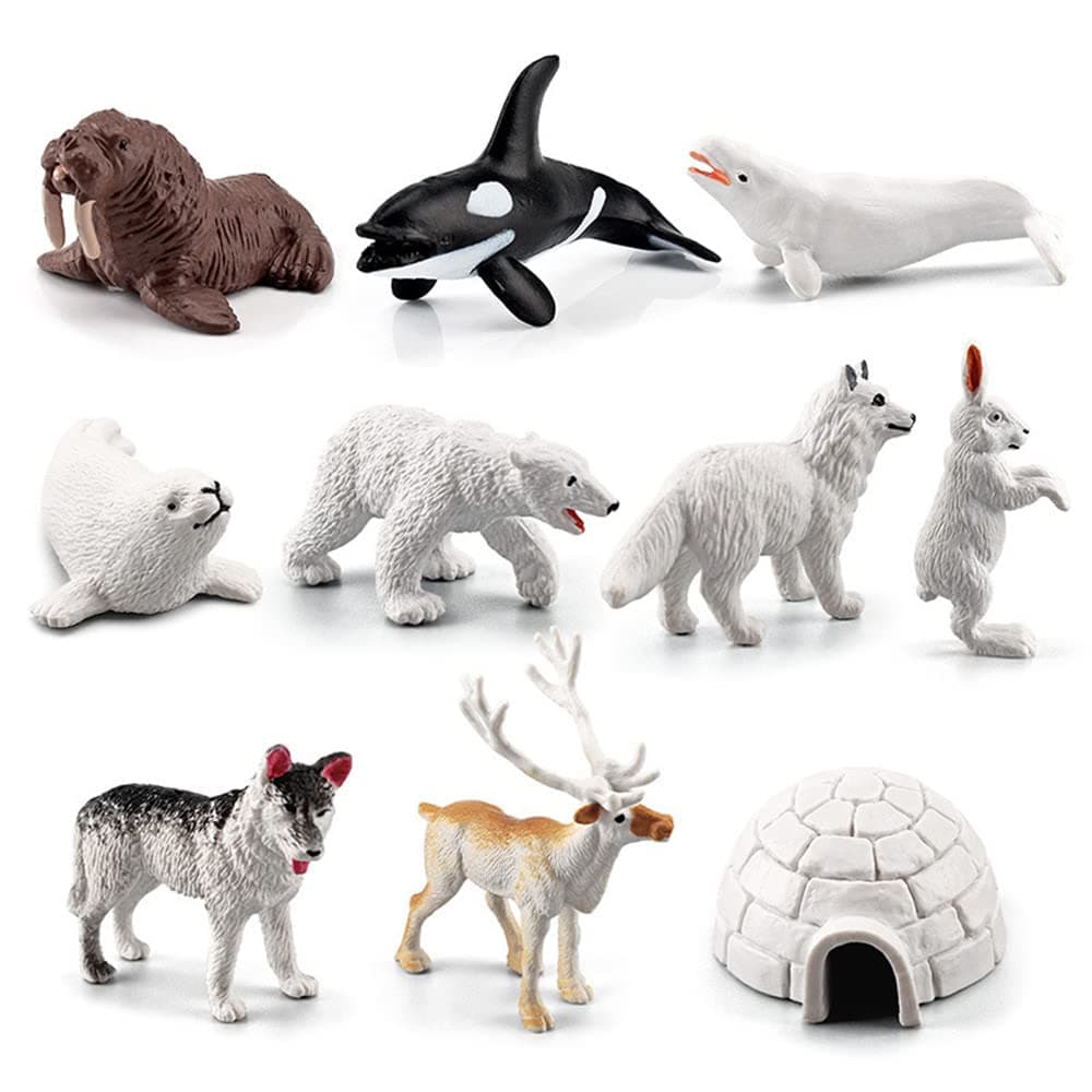 NatureMan Mini Arctic Animals Toys Set 10PCS Polar Animal Figurines Toy Play setIncludes Polar Bear Seal Reindeer Wolf Rabbit Arctic Fox Igloo for ToddlersBirthdayGift