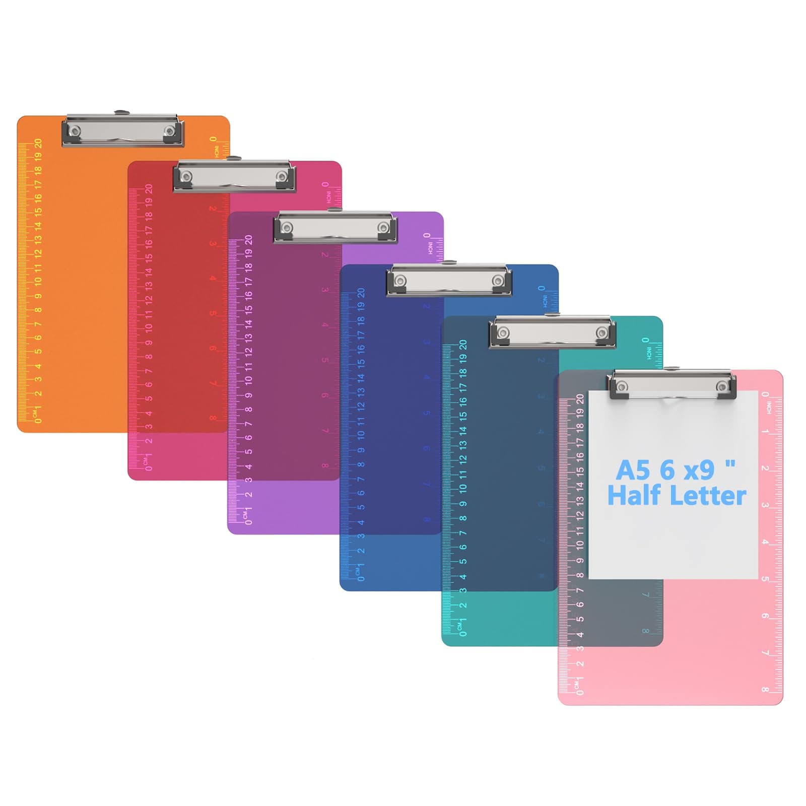 Bulk A5 Clipboards Set of 6, Colored Clear Clip Board with Ruler, Suitable for Classroom, Students, Kid, Size 6" x 9" with Low Profile Clip, Office & School Supply