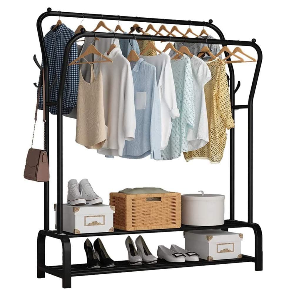 U-HOOME Clothes Rack,U-HOOME Clothes Hanging Garment Rack Freestanding Hanger Double Coat Rack Rods Multi-Functional Bedroom Clothing Rack, Coat Stand Double Layer , 4 Hooks, Black