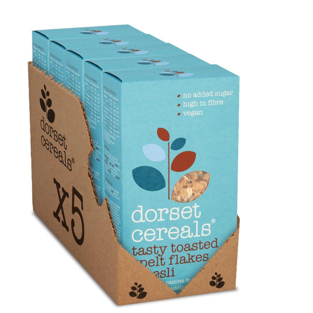 Dorset Cereals Tasty Toasted Spelt Flakes Muesli - No Added Sugar Breakfast Cereal - Made with Raisins, Hazelnuts and Almonds - Vegan & Naturally High Fibre Cereal - 570g (Pack of 5 x 570g)