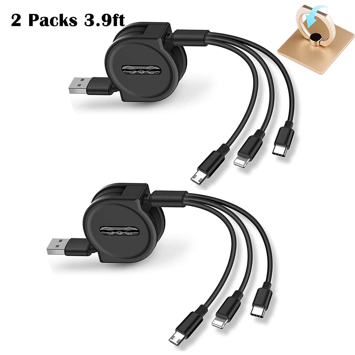 HagieHu 2 Packs 3.9ft Retractable Multi USB Charger Cable Cord 3 in 1 USB Cable 3 Connectors Type C/Micro USB for All Phones XS MAX/8 Plus Samsung S10 Note 8,Note 9,S8 S7, Android(Black)