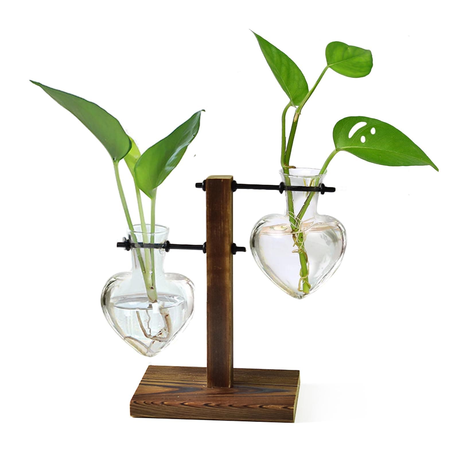 XXXFLOWER Plant Terrarium Wooden Stand, Hydroponic Planter Bulb Glass Metal Swivel Holder Retro Air Plants Water Plants for Home Office Decoration,Gifts for Plant Lover Wife Mom- 2 Love Bulb Vase