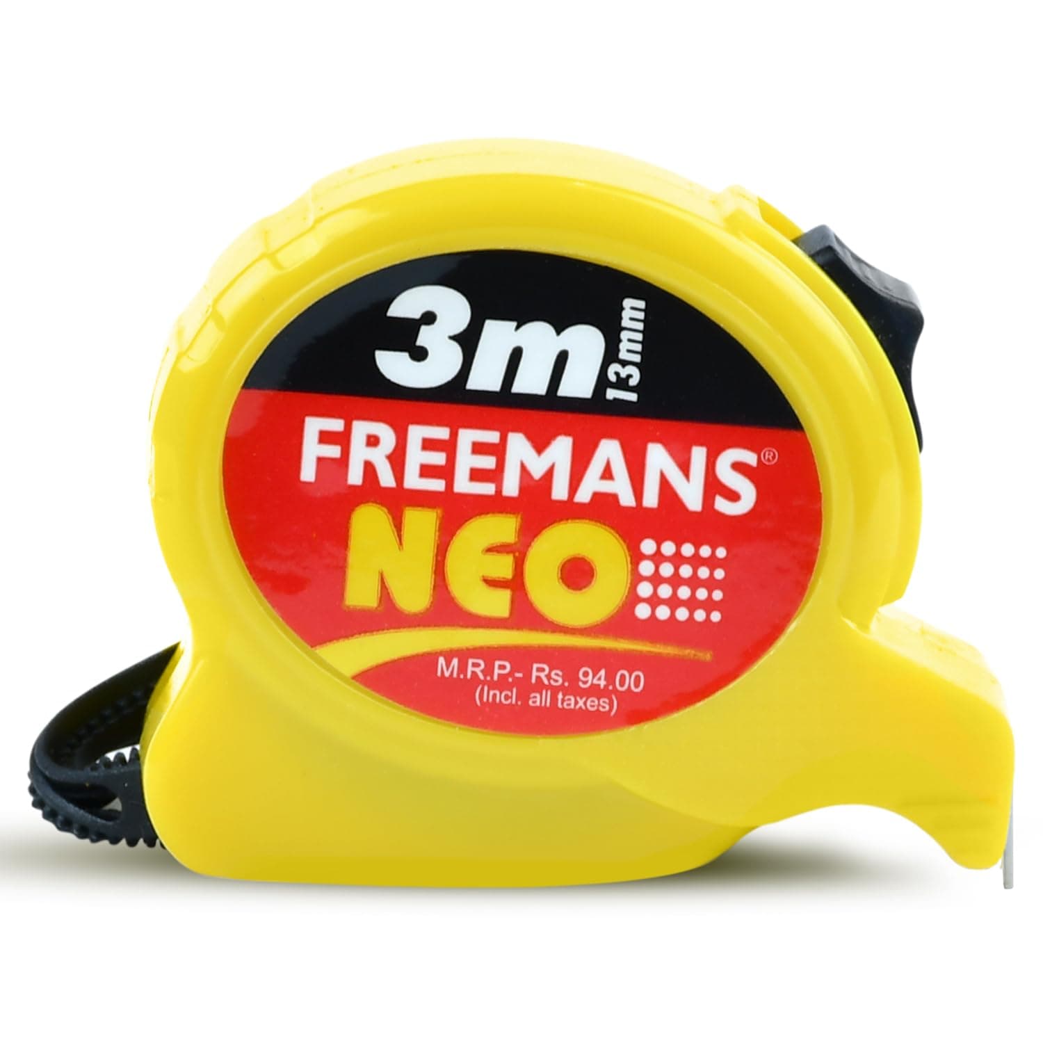 FREEMANS NEO 3m:13mm Steel Inchi Pocket Measuring Tape with Unbreakable ABS Case, Click-Action Front Lock, Finger Stop Protection, Hand Strap and Belt Clip