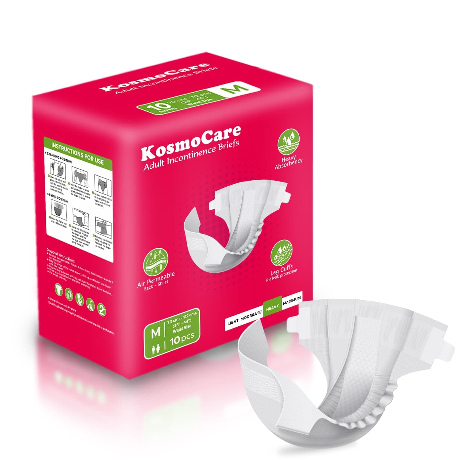 KosmoCare Adult Tape Style Diaper for Heavy Incontinence with maximum absorbent | Odor Guard| Cloth Feel Outer Fabric| Easy-Lock Fastener| Medium Size | Waist Size 28" - 44" - Count 10p