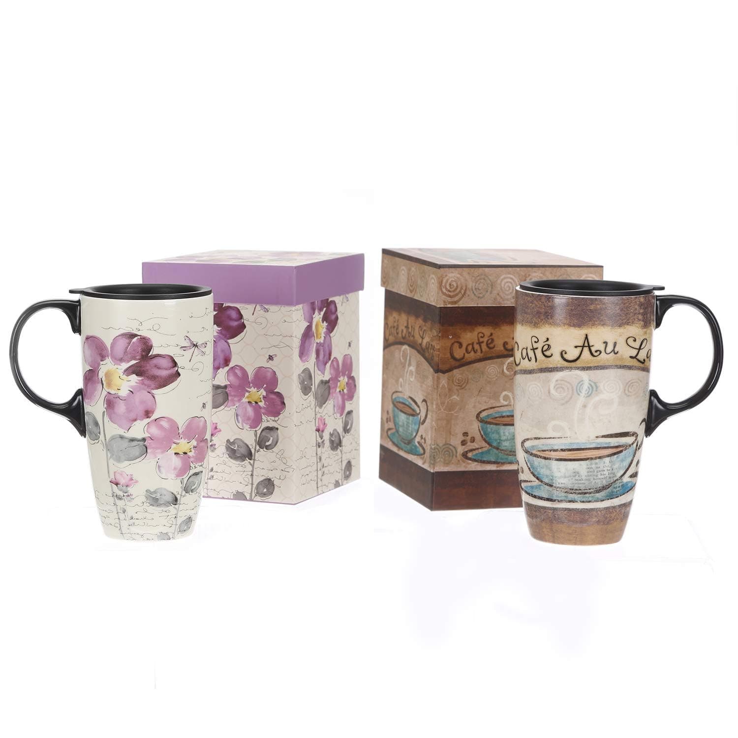 Topadorn Ceramic Travel Mug Latte Mug 17 oz. Coffee Cup with Sealed Lid and Gift Box, Set of 2