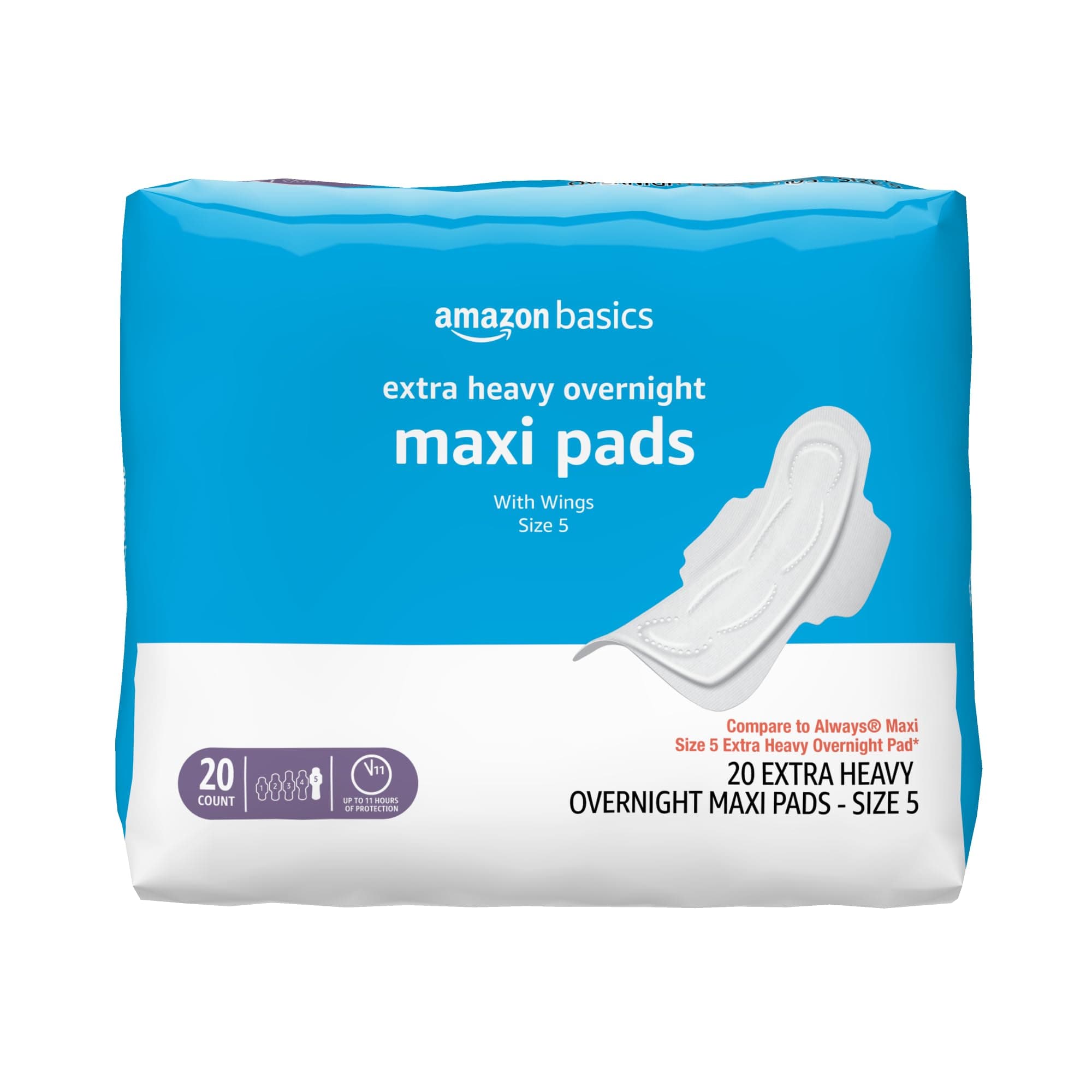Amazon Basics Thick Maxi Pads with Wings for Periods, Extra Heavy Overnight Absorbency, Absorbent Core, Stay in Place Protection, Unscented, Size 5, 20 Count (Previously Solimo)