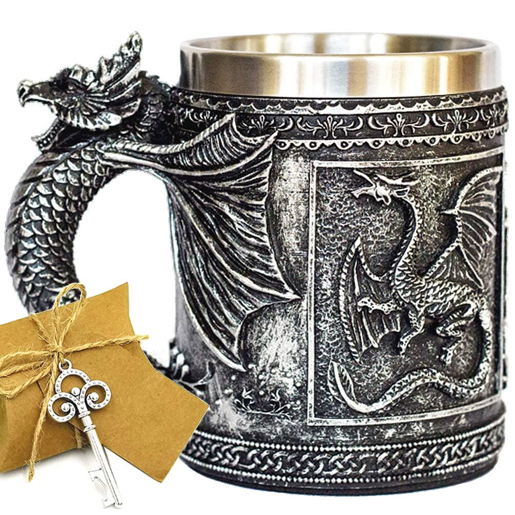 Medieval GOT Dragon D&D Game Mug of Thrones Merchandise Beer Steins Viking Tankard Stainless Coffee Cup Gift Mug for Dragon Collector, Themed Party Decoration