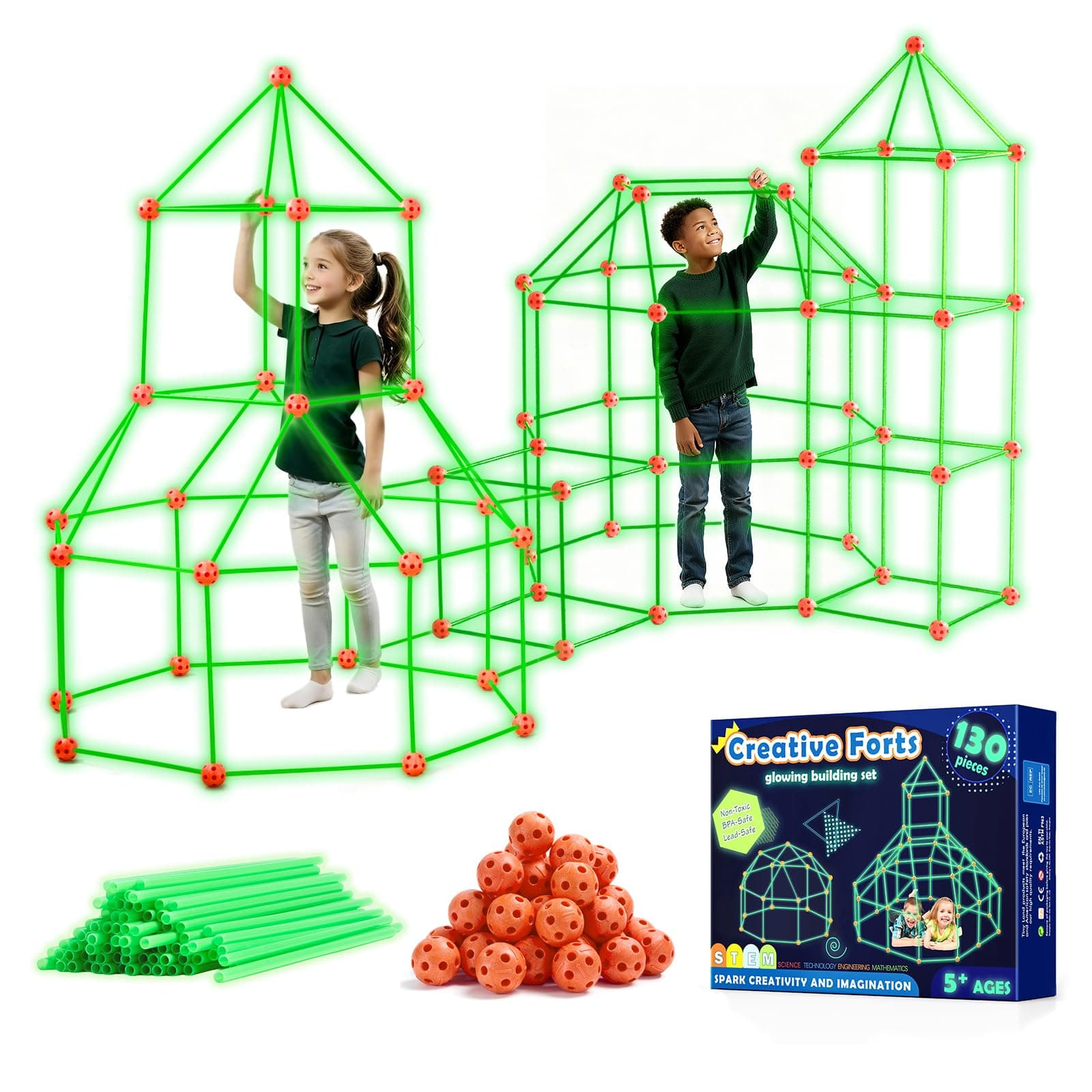 Glow Fort Building Kit for Kids Creative Fort Indoor & Outdoor Construction Toys with 86 Rods and 44 Balls for 5-12 Year Old Boys & Girls STEM Building Toy Gifts with Storage Bag