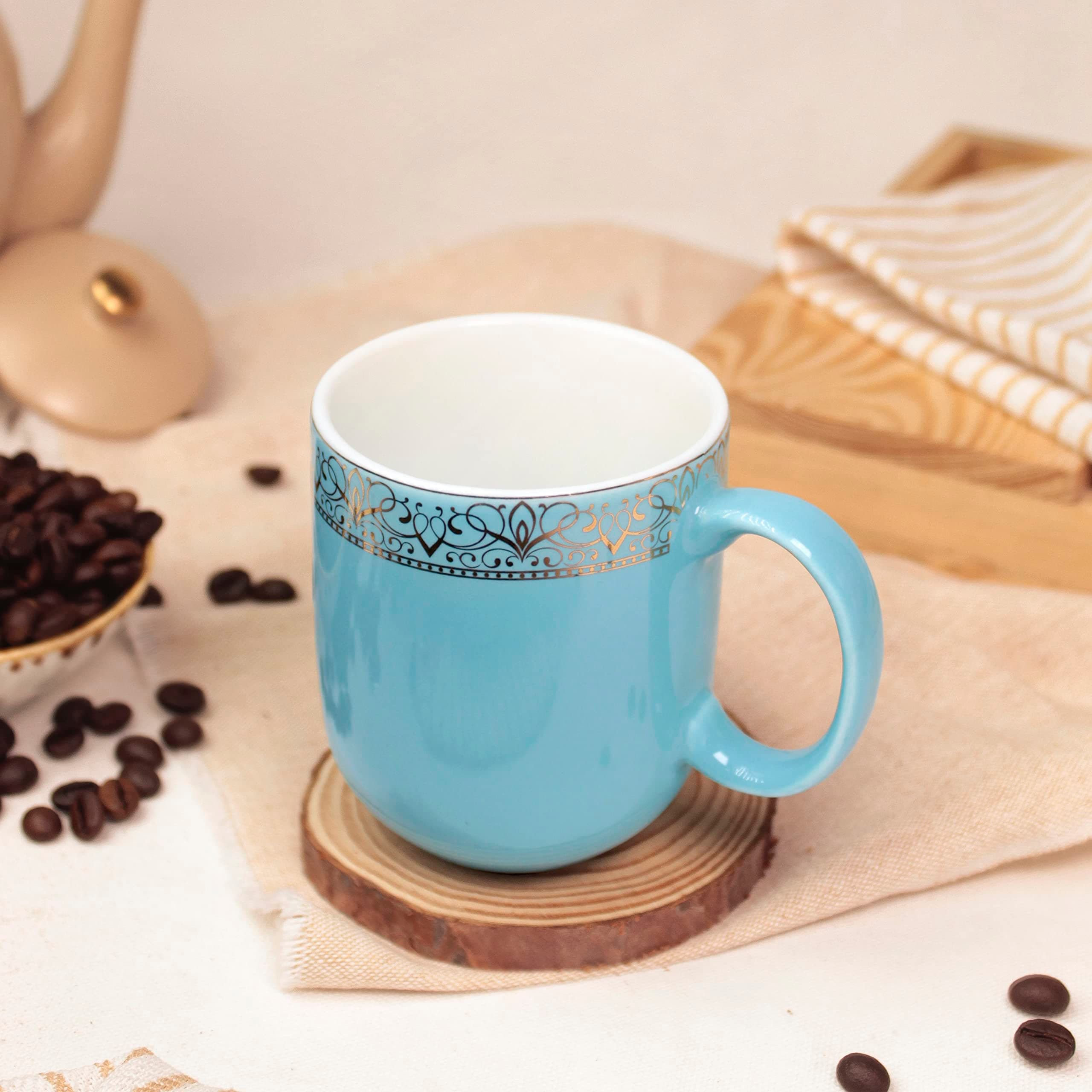 VOLA EXQUISITE STYLEWARE Sparkle Series -Porcelain Coffee Mugs | Tea/Milk Cup Made with Bone Free with Golden Border | Gift for Anniversary, Mom, Birthday, Couple (200 Ml, Color: Aspiring Blue)