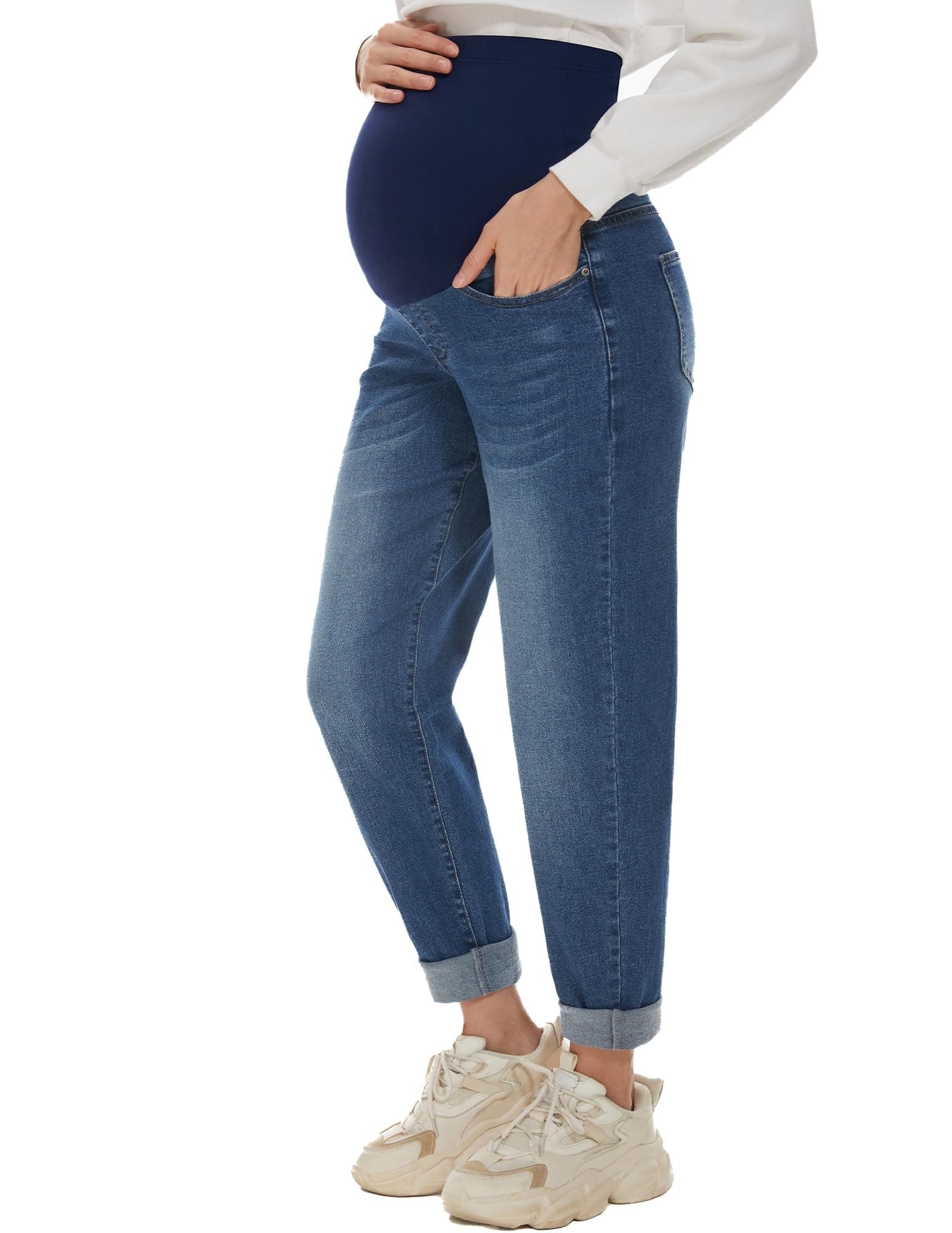 POSHGLAM Women's Maternity Jeans Over Belly Comfy Stretch 28'' Boyfriend Jeans Loose Pregnancy Pants, S-XXL