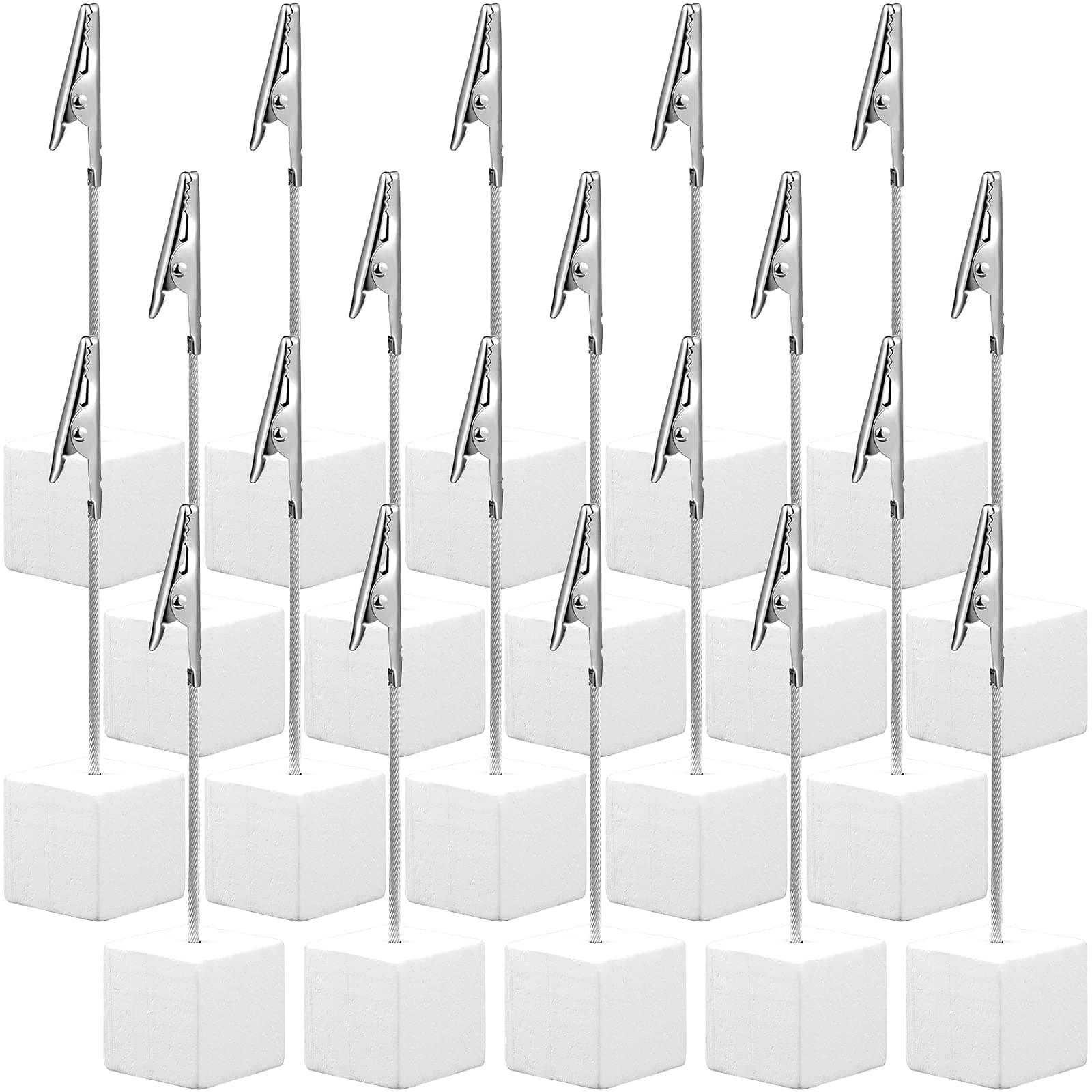 20 Pcs Cube Base Memo Clip Holder with Alligator Clip Wood Table Number Holder Cube Base Place Card Stand Mini Photo Menu Stand for Displaying Number Card (White)