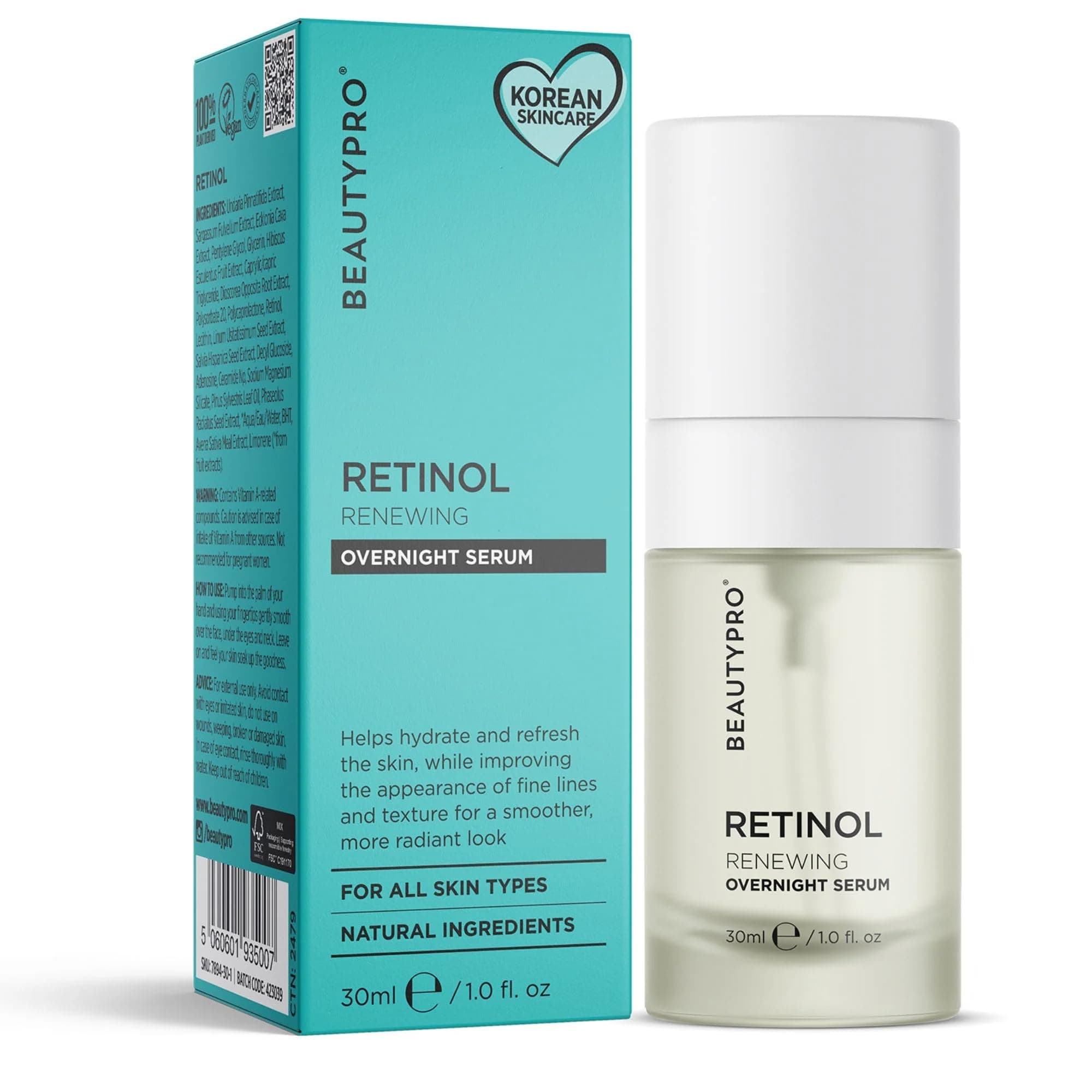 BEAUTYPRO RETINOL RENEWING FACE SERUM Overnight Face Moisturiser & Antioxidant Rejuvenate Firming Skin Blemishes Reduces Inflammation Natural Vegan Skincare Multi Award Winning Brand 30ml