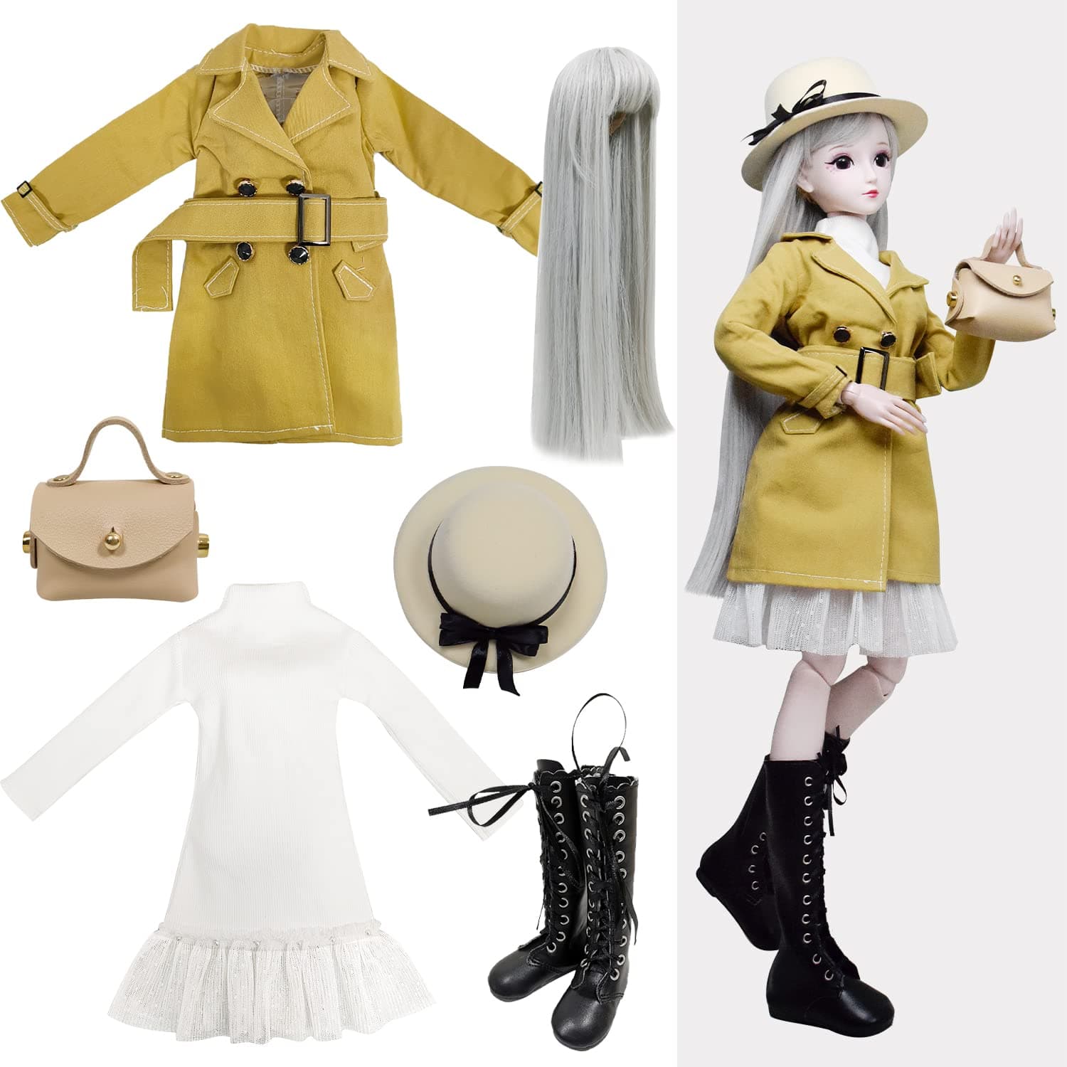 Proudoll 1/3 BJD Doll Clothes Outfit Set - Handcrafted Stylish Khaki Coat, Hat, Dress, Wig, Leather Bag and Boots, Compatible with 1/3 60cm 24in SD Dolls