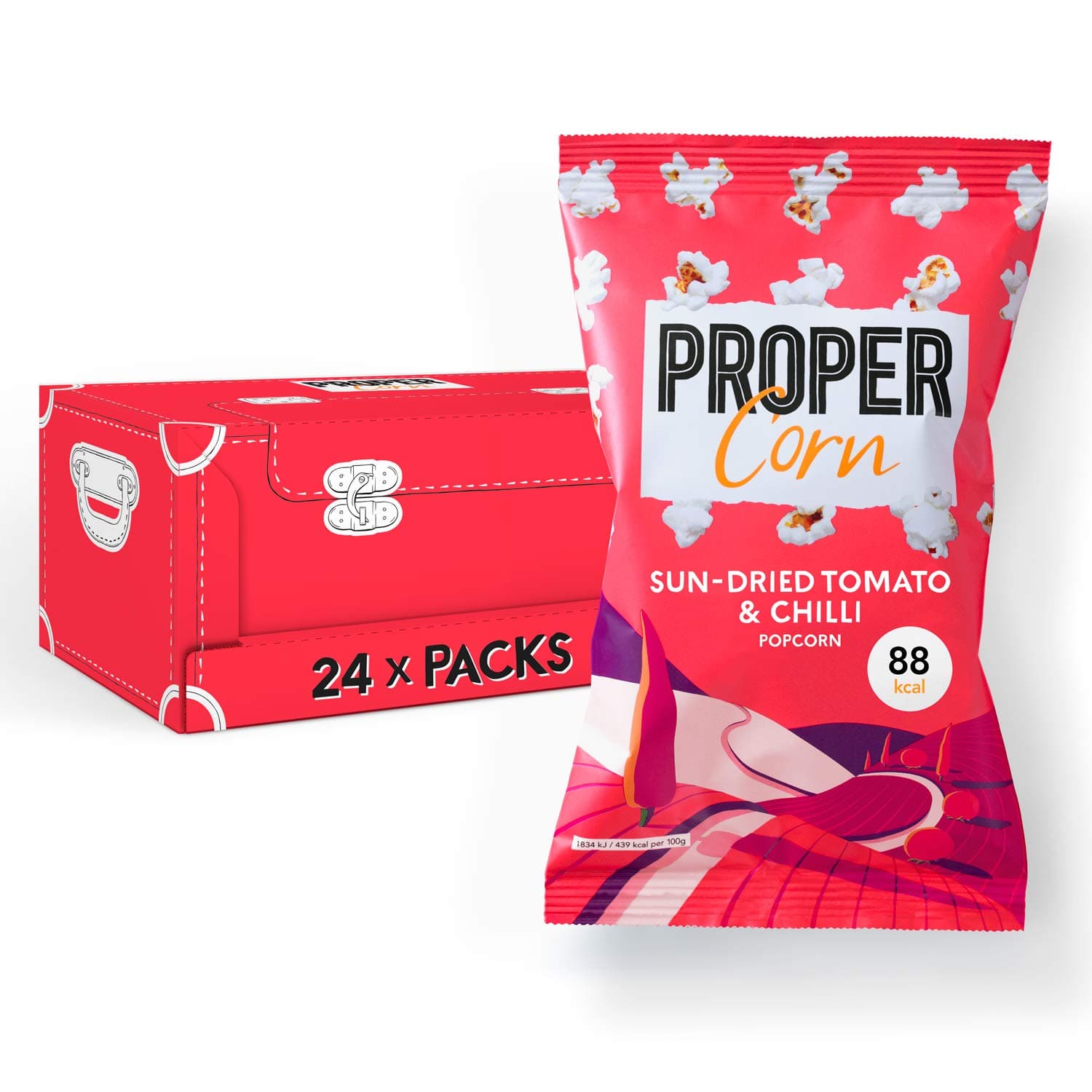 PROPERCORN Sundried Tomato and Chilli Popcorn - Vegetarian, Gluten-Free, Wholegrain Butterfly Corn (24 x 20g)