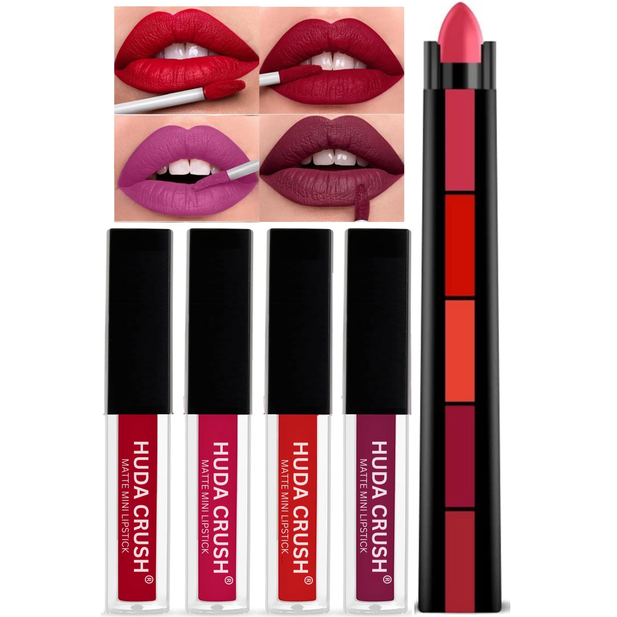 HUDACRUSH Beauty Red Lipstick Combo Pack - 4Pcs Liquid Mini Lipsticks & 5in1 Matte Lipstick Set for Women - Long Lasting, Waterproof Lip Color