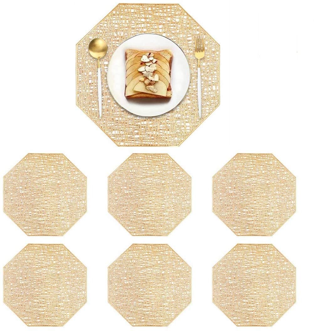 6 Pieces Gold Octagon Placemats Laminated Vinyl Dining Table Decorative Placemat Non-Slip Insulation Placemat Washable Table Mats Set