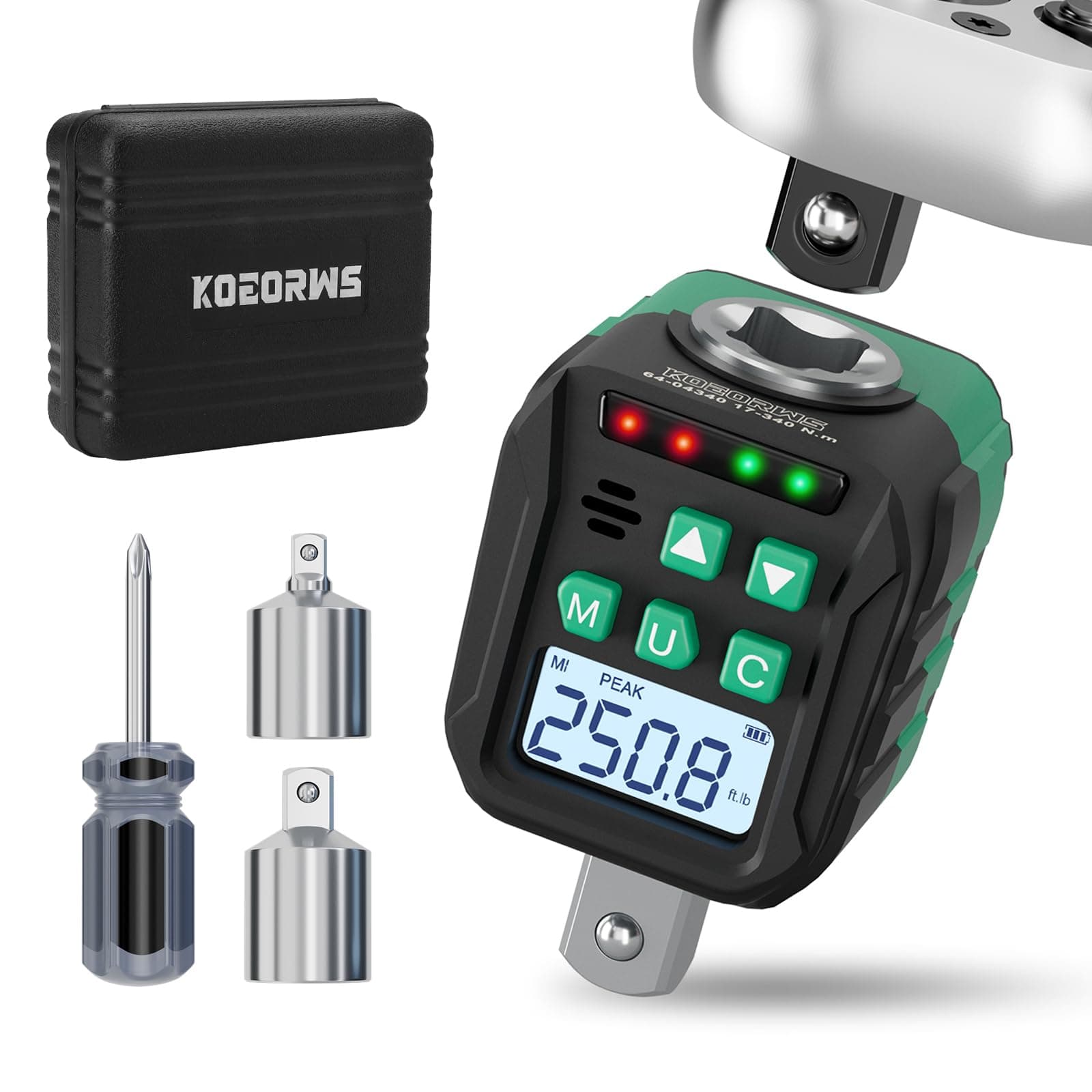 1/2-Inch Digital Torque Adapter, 12.54-250.8 Ft.lb/17-340 N.m, Electronic Torque Wrench Converter with ±2% Accuracy, Preset Function, Data Storage, 3/8” & 1/4” Adapter for Bike, Moto, Car