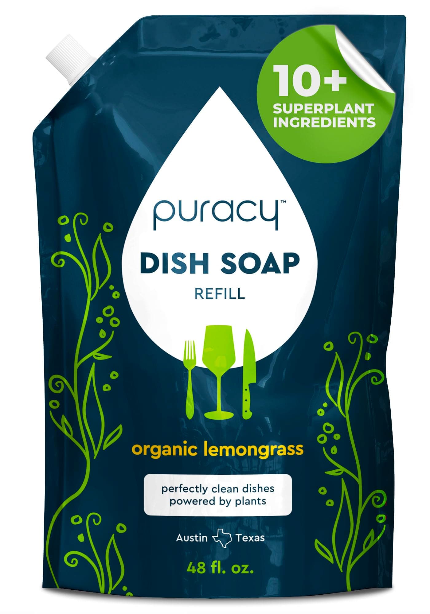 Natural Dish Soap Refill - Skin-Softening Plant-Based Liquid Dishwashing Detergent Soap, Clean-Rinsing Water-Sheeting Formula (Organic Lemongrass, 48 fl oz)