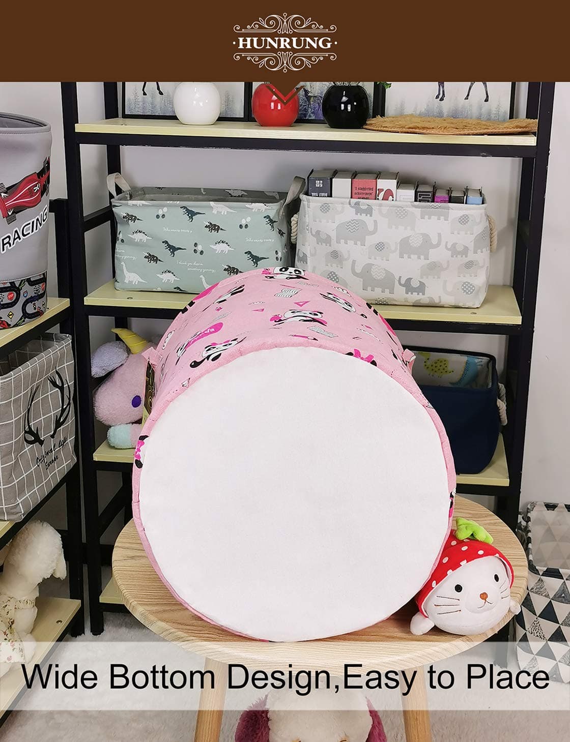 HUNRUNG Laundry Hamper,Large Canvas Fabric Lightweight Storage Basket Toy Organizer Dirty Clothes Collapsible Waterproof for College Dorms, Children Bedroom,Bathroom(Round-Pink-Book Panda)