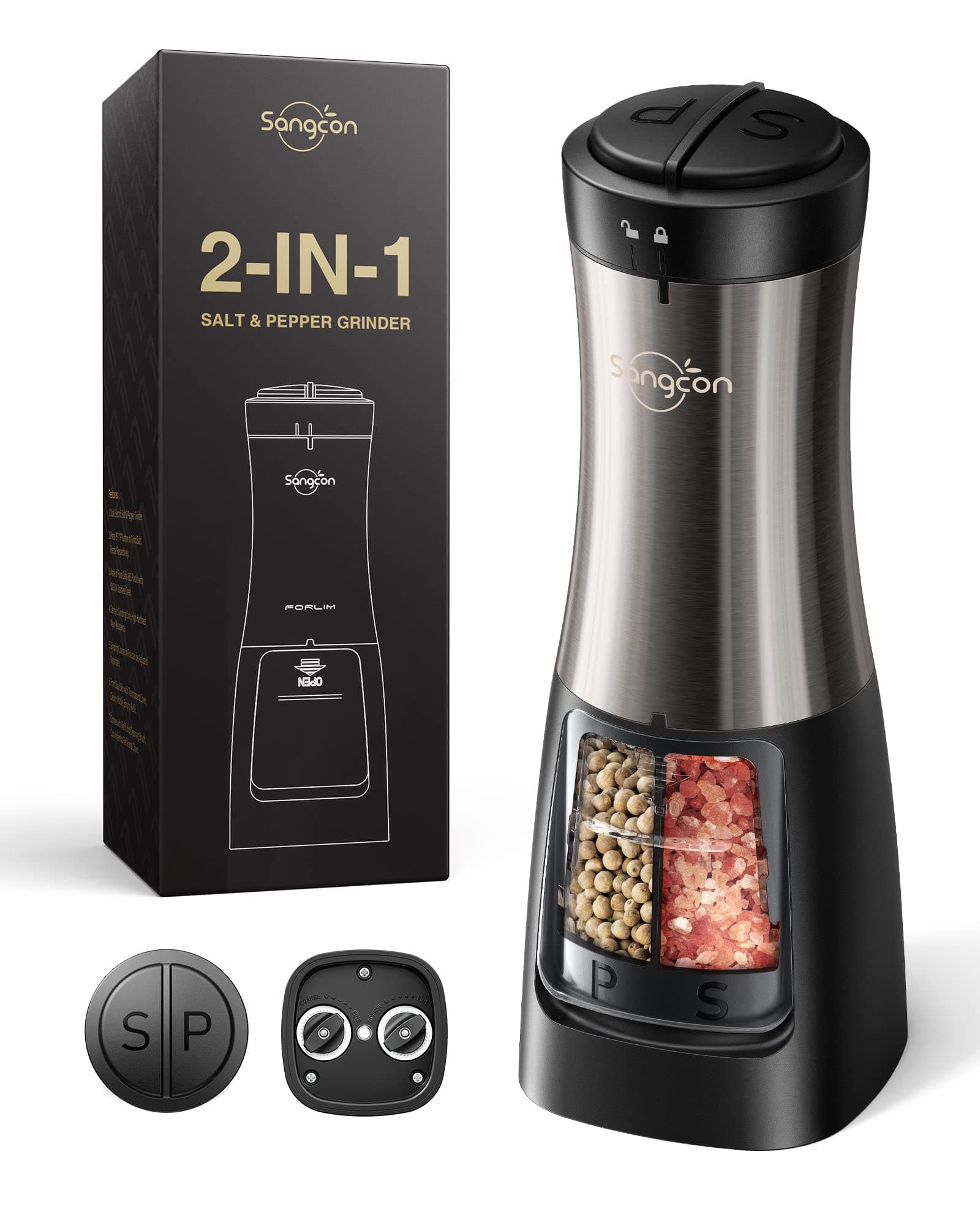 Sangcon 2 in 1 Electric Salt and Pepper Grinder Set Shakers