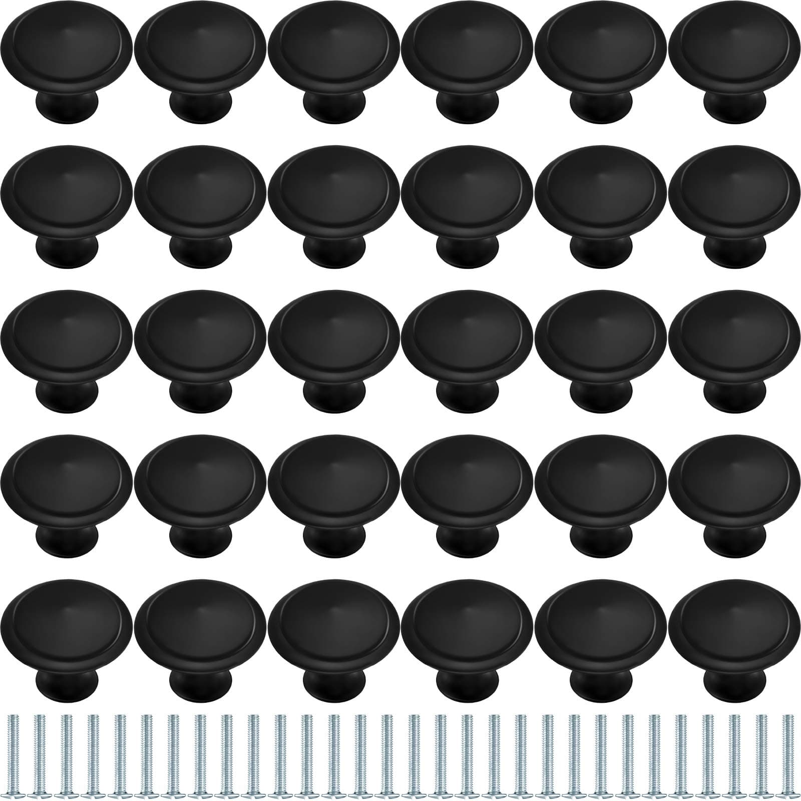 Ripeng 30 Pieces Round Kitchen Cabinet Door Knobs Black 1.2 Inch Cupboard Knob Solid Kitchen Drawer Pulls Cabinet Door Cupboard Hardware Dresser Handles with Screws for Dresser Drawer