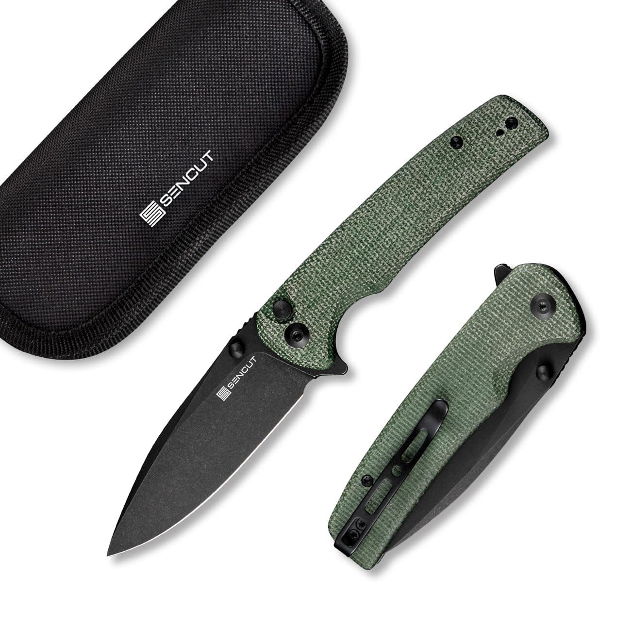 Sachse Pocket Knife Folding Knife for EDC, Green Micarta Handle 9Cr18MoV Blade Foldable Knife with Clip, Button Lock Everyday Carry Knife for Men Women Indoor Outdoor Gift S21007-2