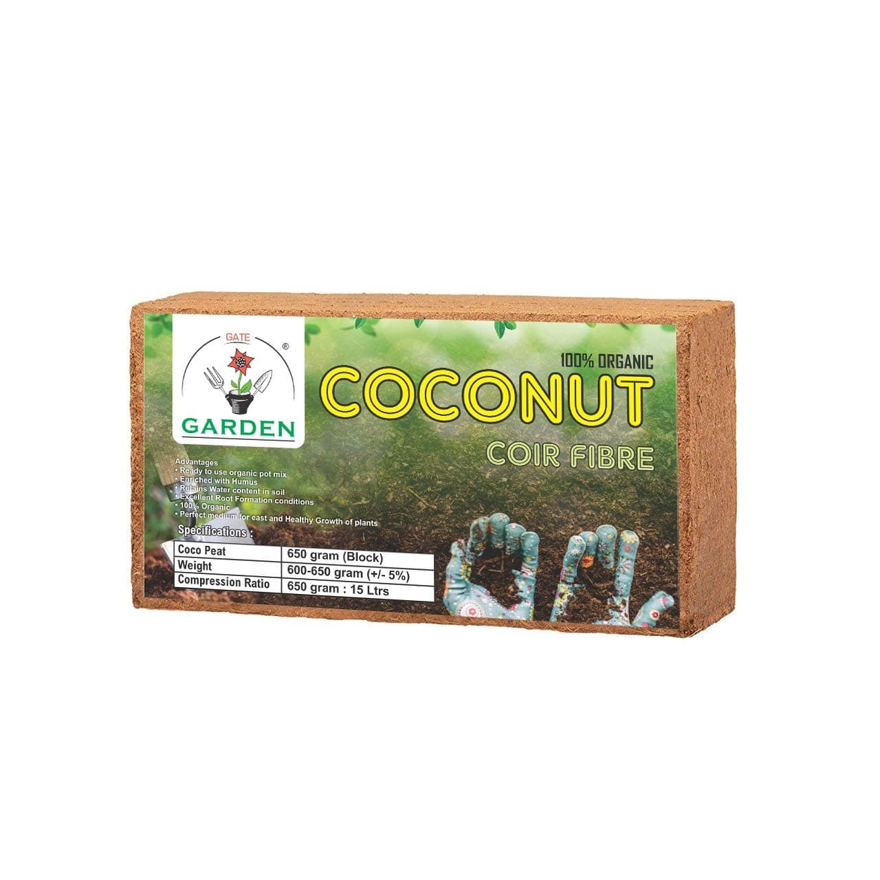 Gate Garden Cocopeat Block (1 Pack, 650gm) | Expands up to 3.25 Kg | Natural Coconut Fibre | Fertilizer for Plants Home Garden | Organic Manure and Compost for Pot Plants | Enriched Potting Soil Mix