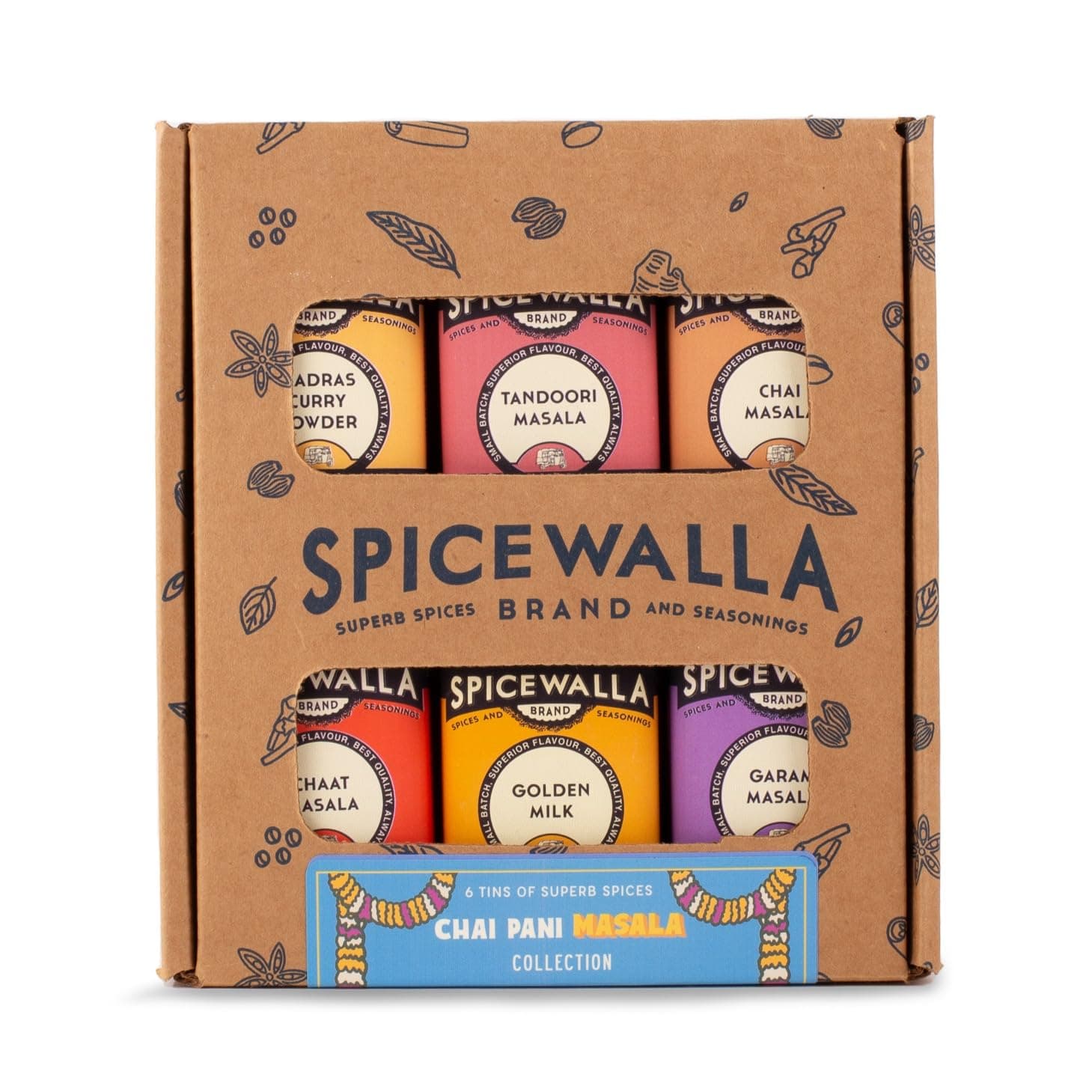Masala Indian Spice 6 Pack | Chai Masala, Tandoori Masala, Garam Masala, Chaat Masala, Chai Masala, Madras Curry Powder | Non-GMO, Indian Spices Gift Set
