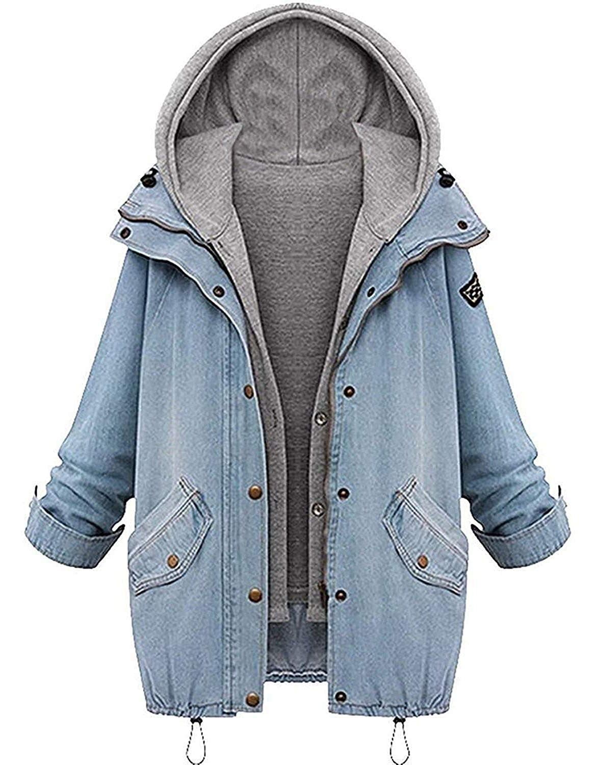 Angelwing Women Jacket 2 in 1 Boyfriend Hoodie Denim Warm Coat Long Sleeves Zip Up Classic Jeans Parka Casual Tops Oversize Outwear Autumn Spring
