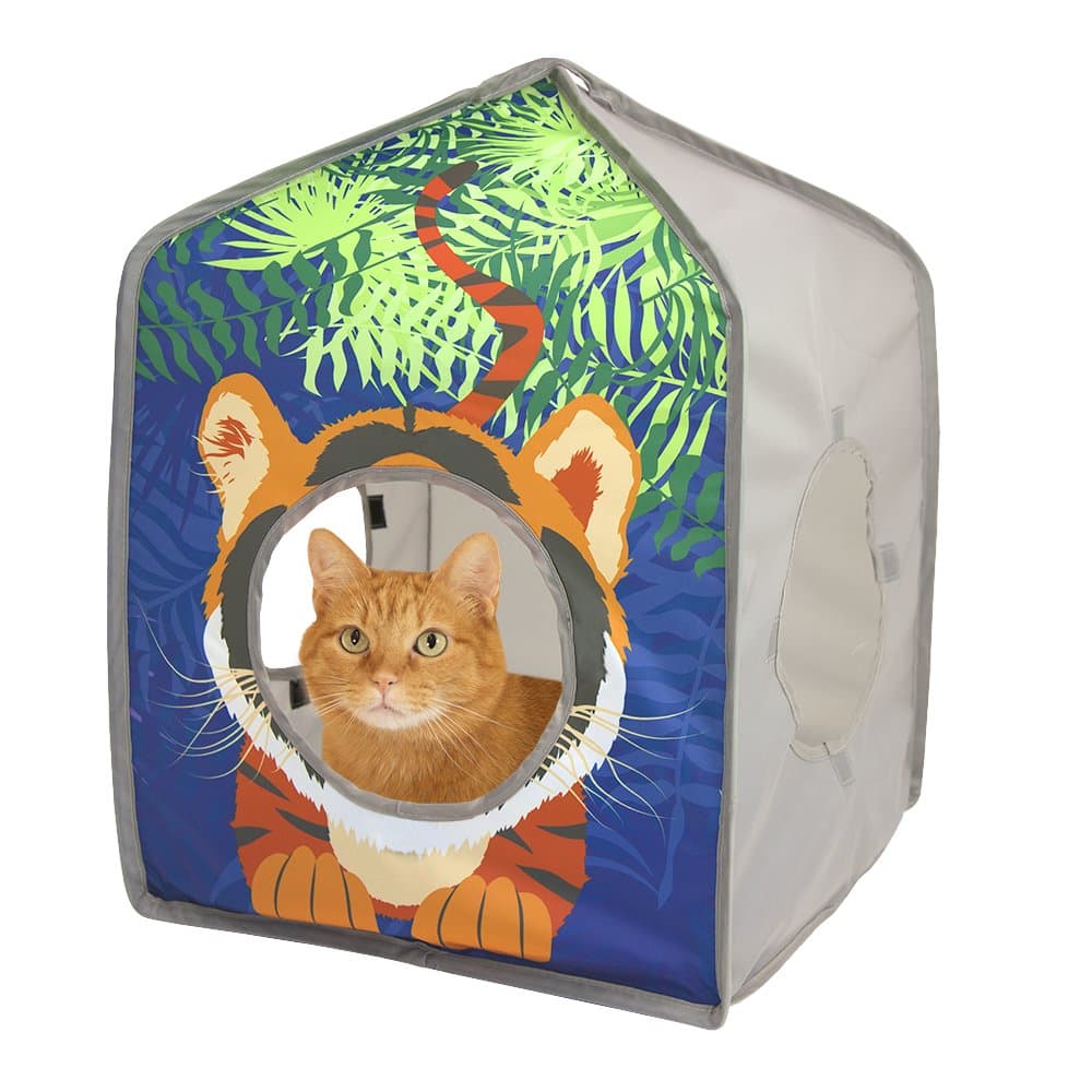 Kitty City Safari Jungle Tiger Pop-Up Cat House, Collapsible Indoor Cat Hideout with Peekaboo Openings, Lightweight Foldable Cat Playhouse