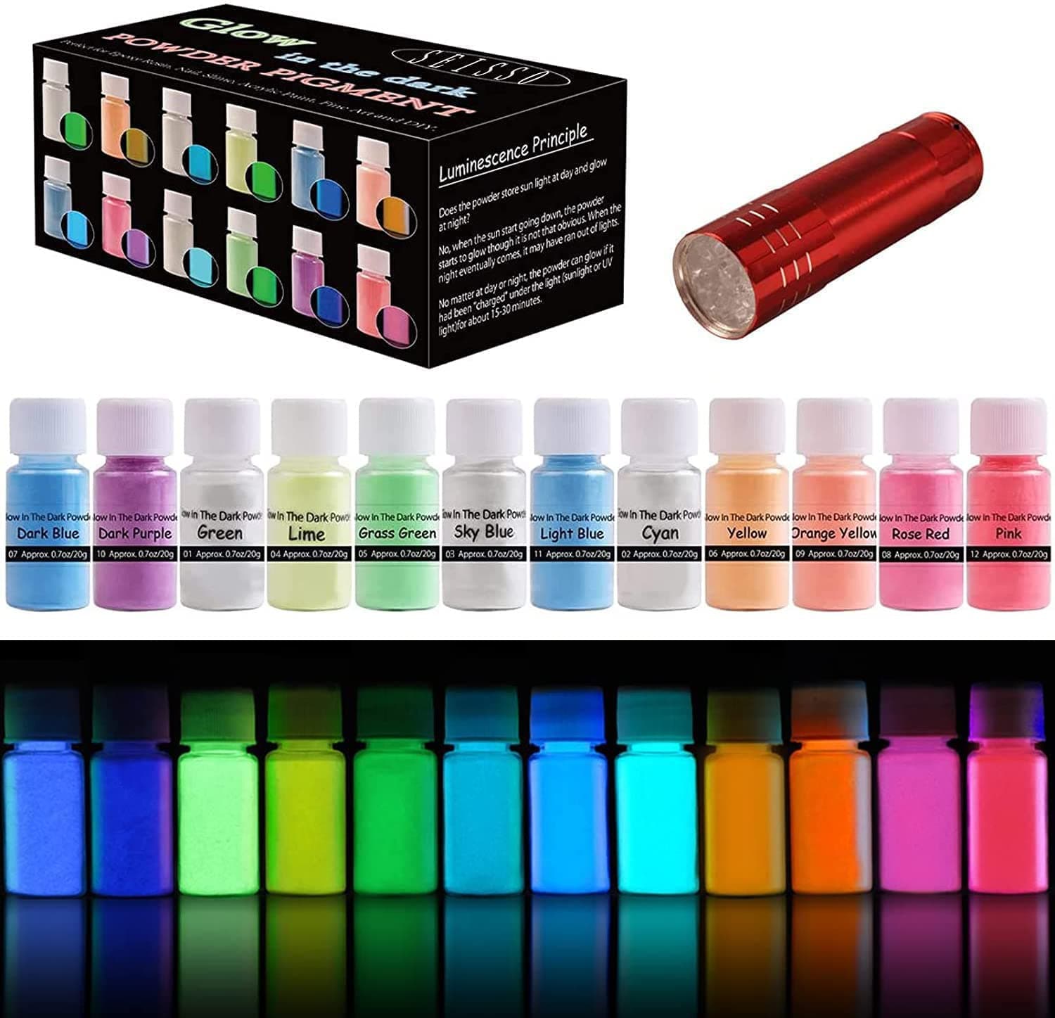 Glow in The Dark Powder, 12 Colors Epoxy Resin Dye Luminous Pigment Powder Safe Long Lasting for Fine Art, DIY Nail Art, Epoxy Resin Colorant, Acrylic Paint, DIY Crafts Theme Party, 0.7oz Each