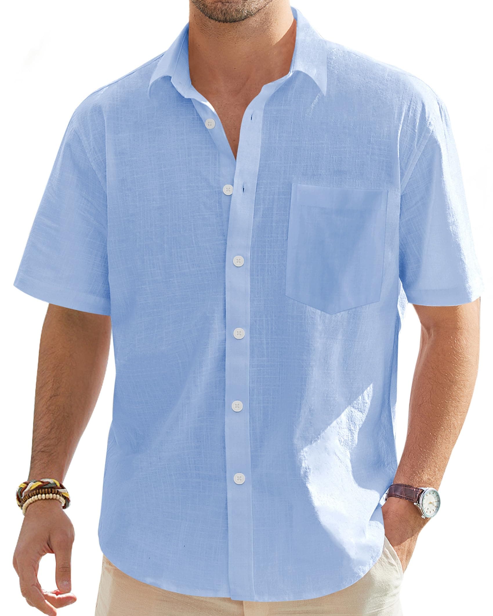 Men's Cotton Linen Short Sleeve Shirts Casual Lightweight Button Down Shirt Beach Summer Tops with Pocket